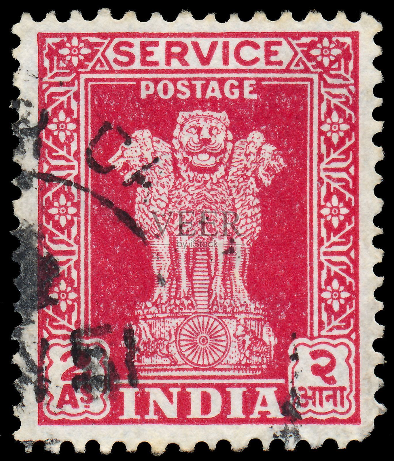 邮票印在印度，显示狮子首都阿育王照片摄影图片