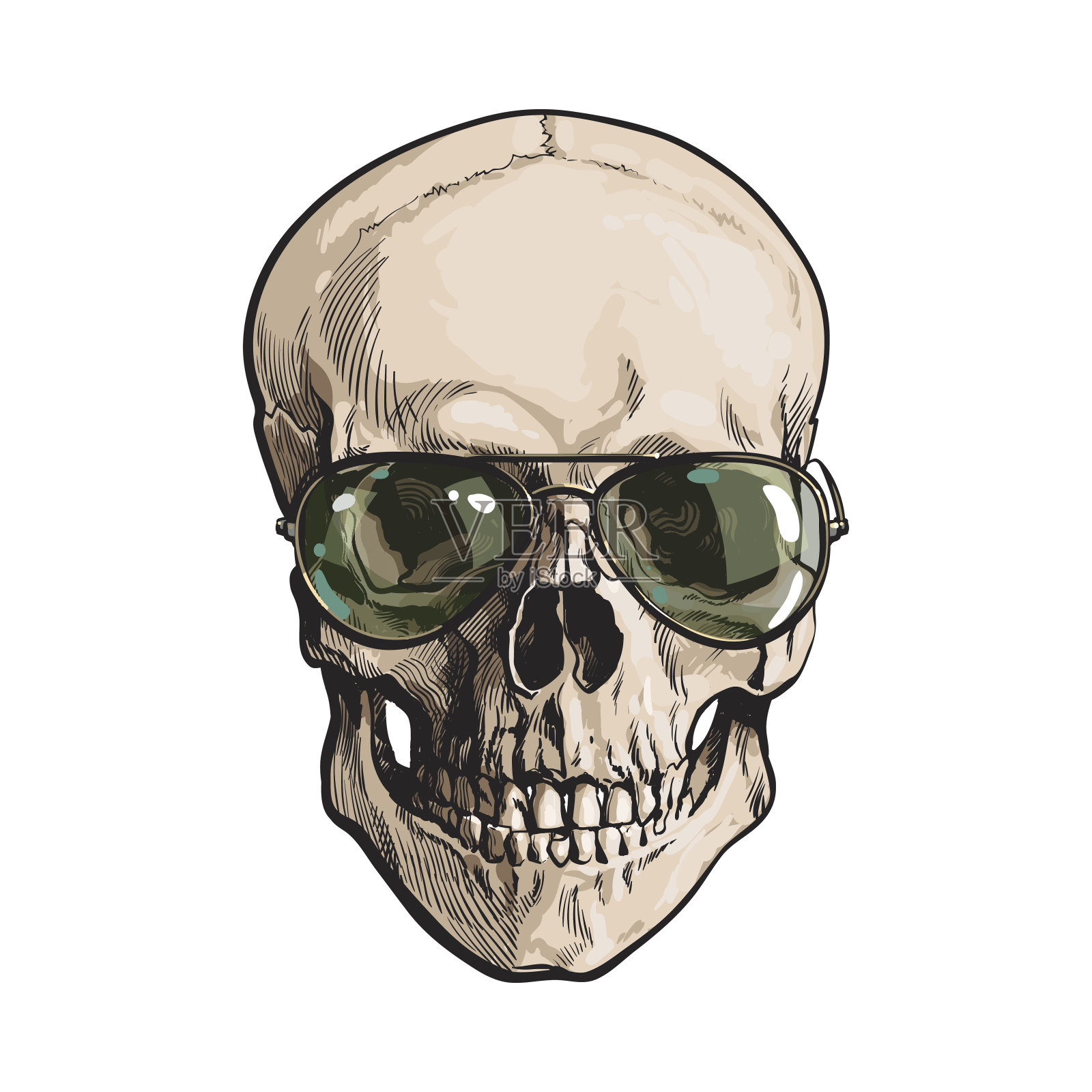 手绘人类头骨戴着绿色飞行员太阳镜插画图片素材
