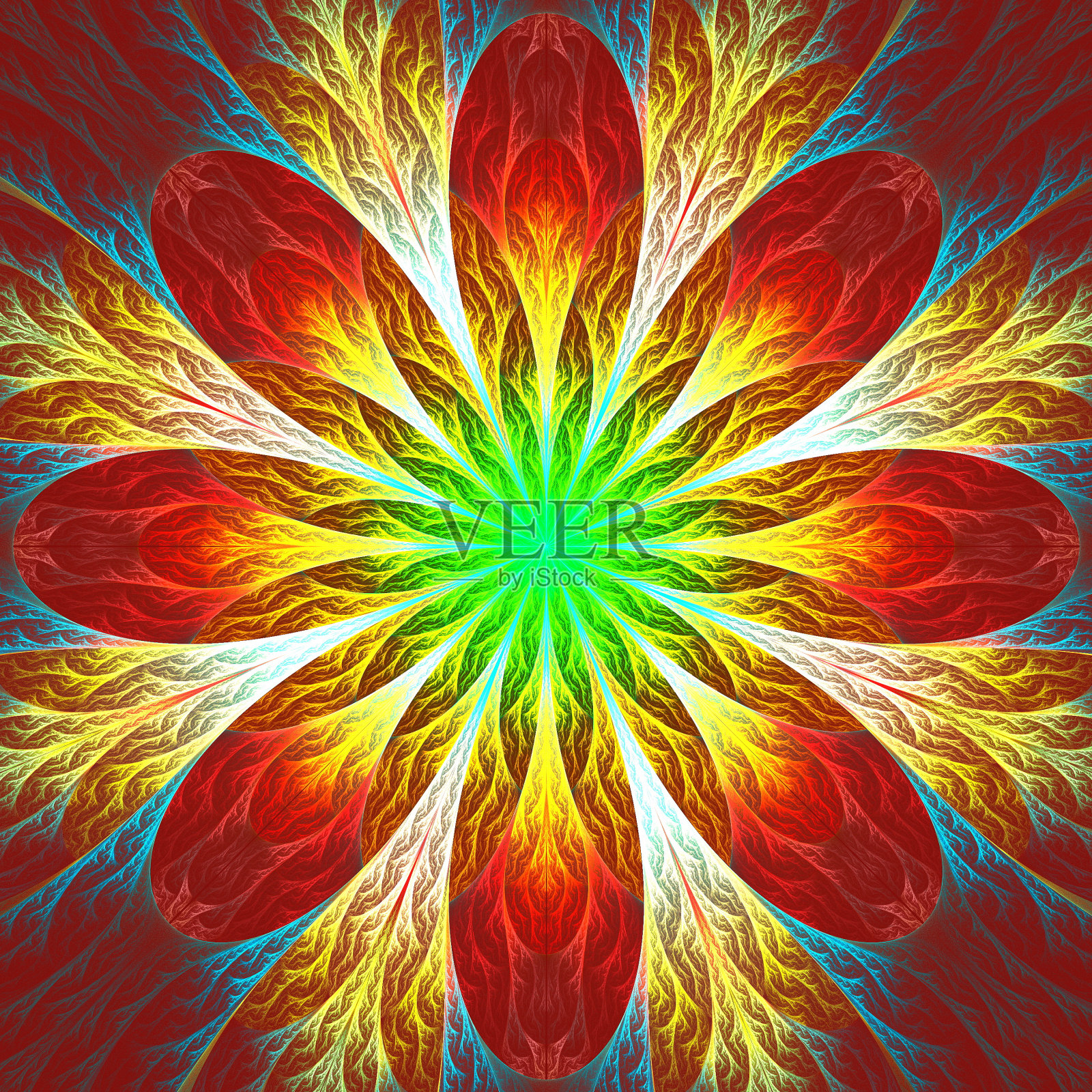 美丽的分形花在绿色，红色和黄色。插画图片素材