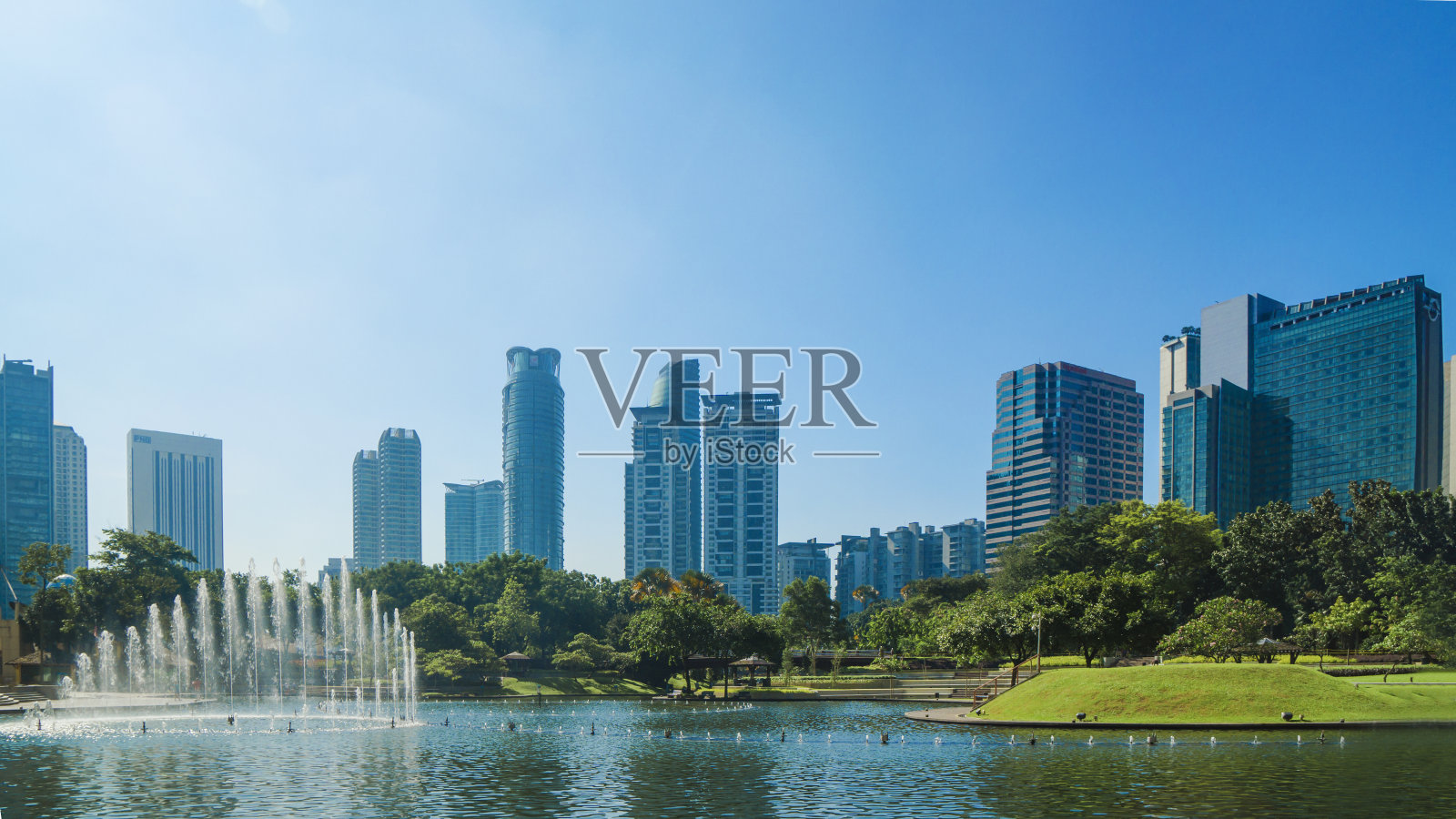 城市景观与树木草地花园（商务区晨间水池）照片摄影图片