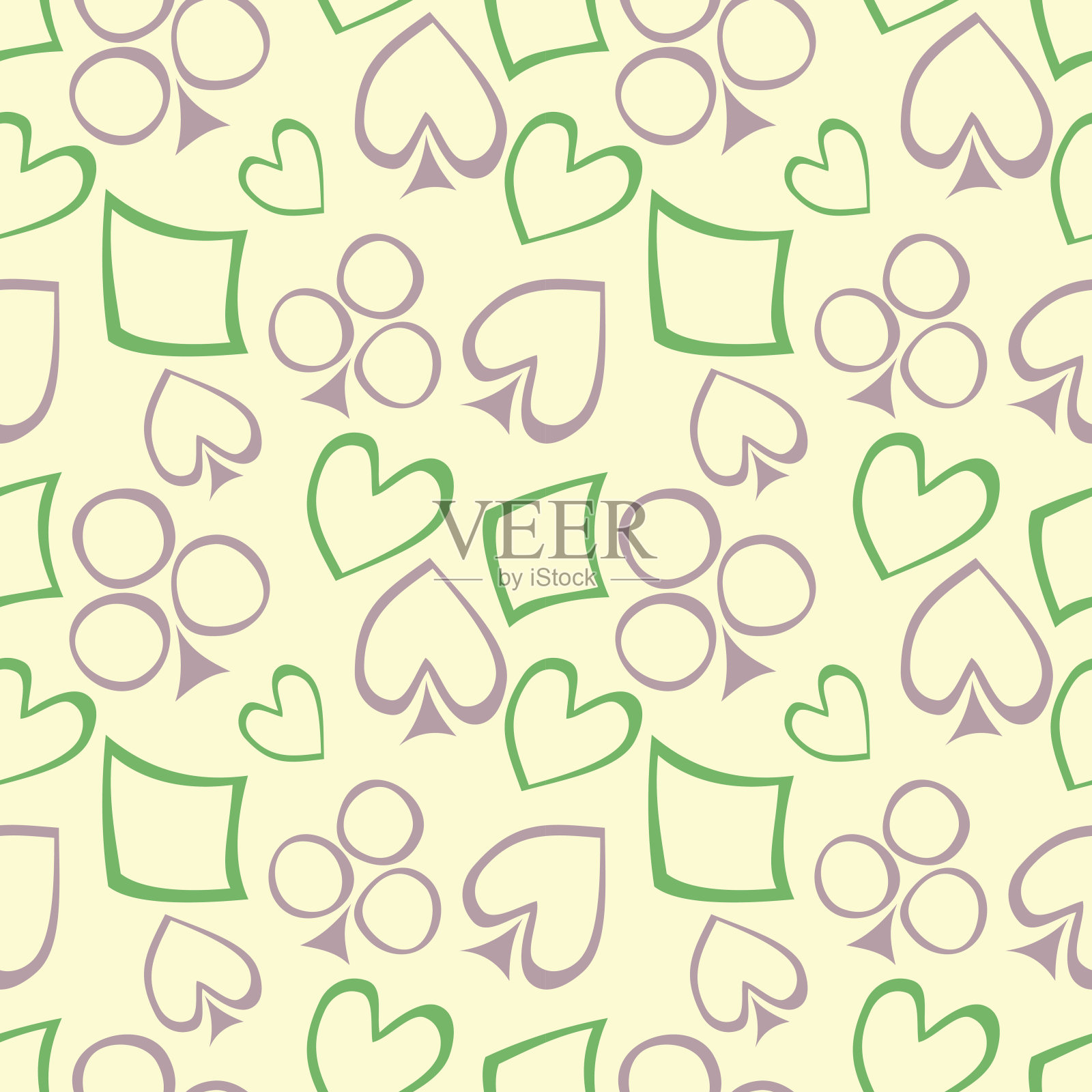 无缝矢量模式与图标的扑克牌。黄色背景与手绘符号。装饰重复点缀。系列游戏和赌博无缝矢量模式。插画图片素材