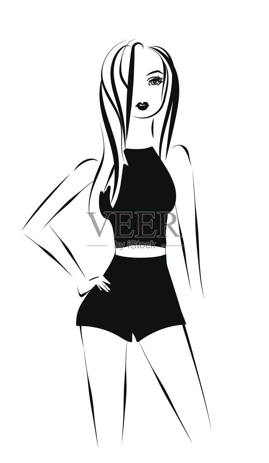 漂亮的女孩穿着上衣和高腰短裤。手绘示意图插画图片素材