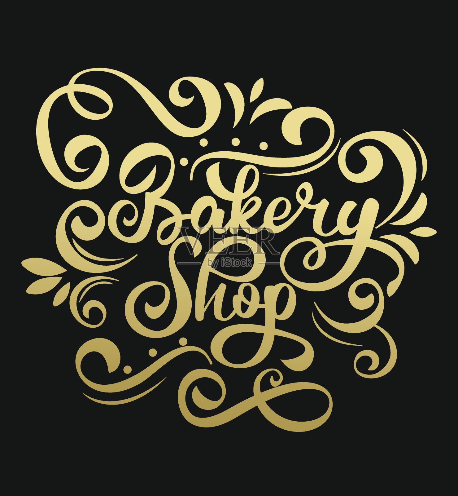 面包店刻字、题字。书法、字体、排版徽章。矢量插图与黄金玫瑰。古董装饰。装饰，华丽，古董，豪华，花卉元素在棕色的背景。插画图片素材
