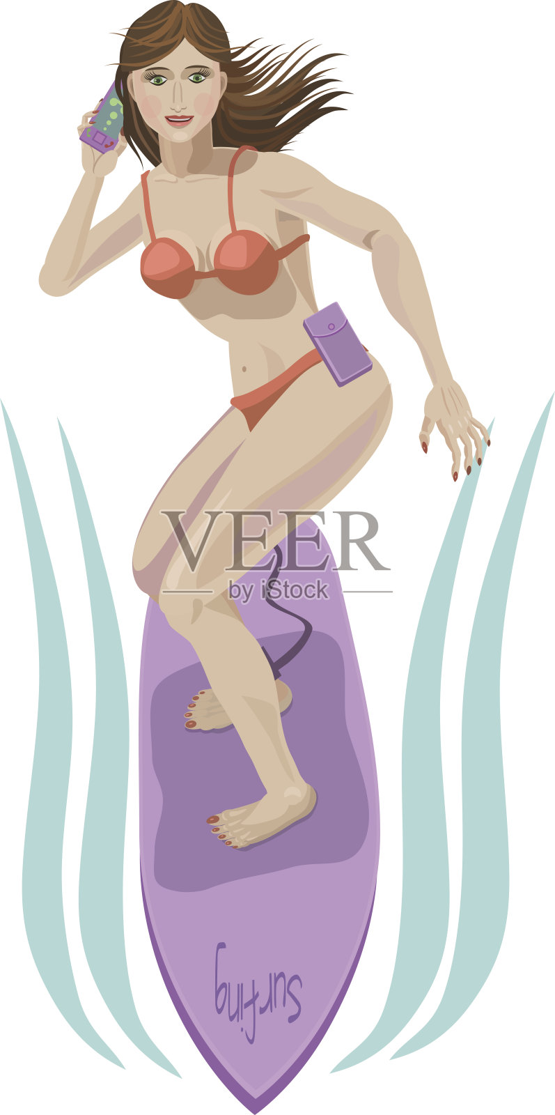 正在用手机打电话的冲浪女孩插画图片素材