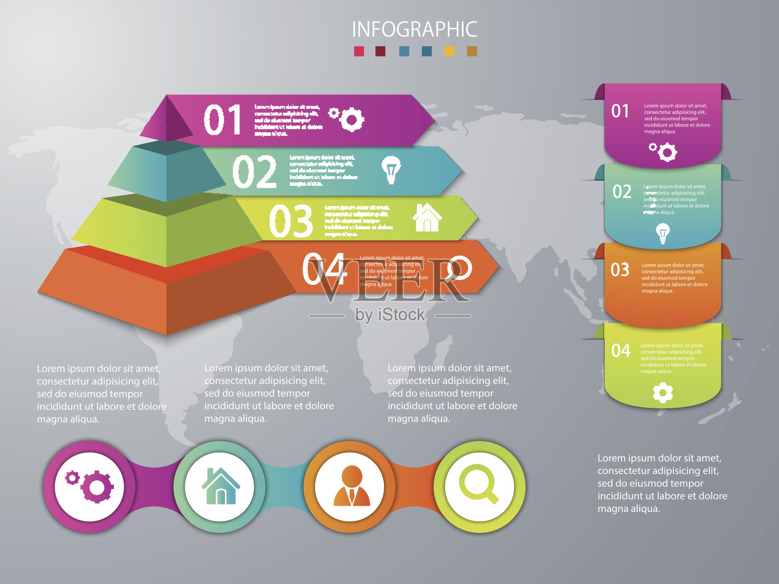 矢量信息图时间线设计模板与3D纸标签，集成圆背景。插画图片素材