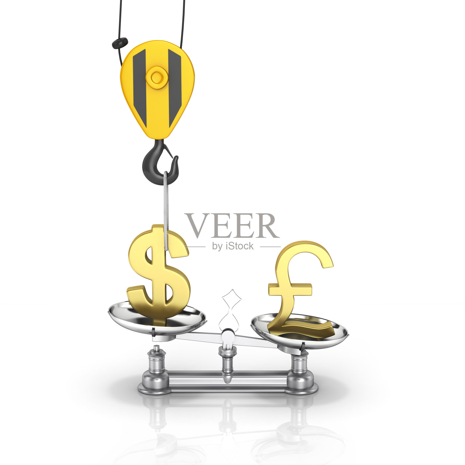 起重机在反射3d的白色背景上拉升美元，降低英镑插画图片素材
