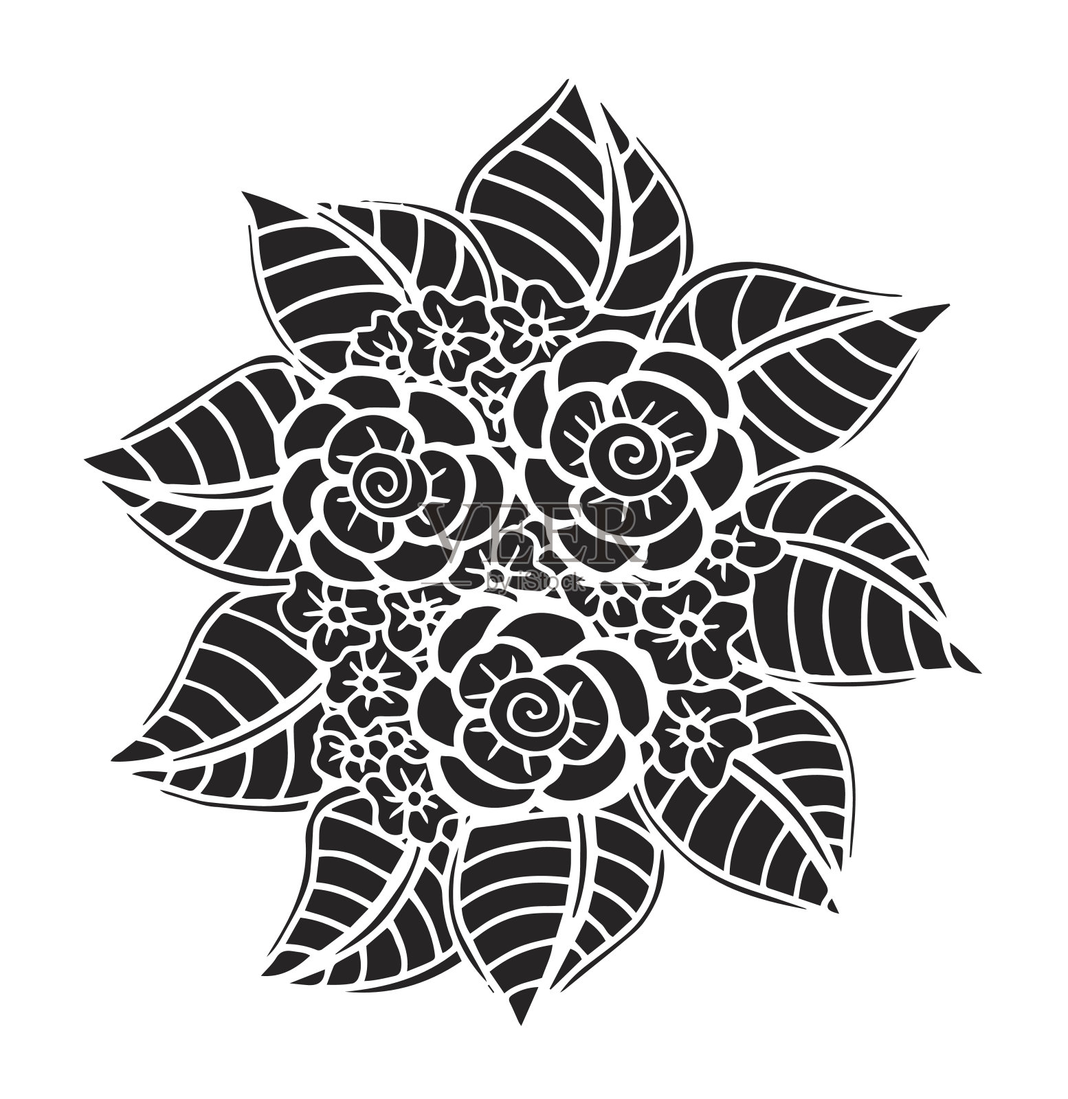 手绘幻想花着色页-插图蜡染，抽象，成人，动物标记，波西米亚插画图片素材