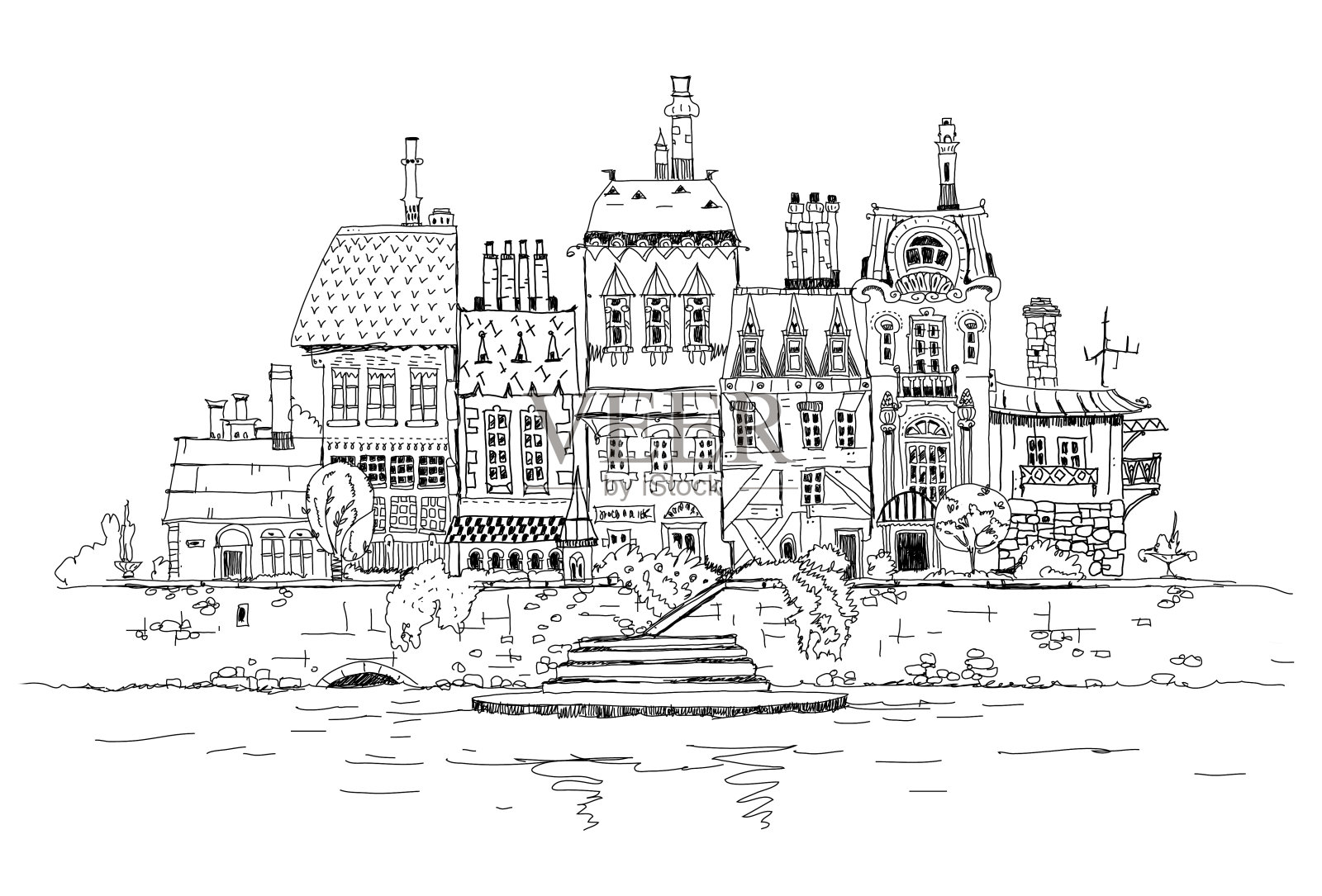 老城河畔，素描收藏插画图片素材