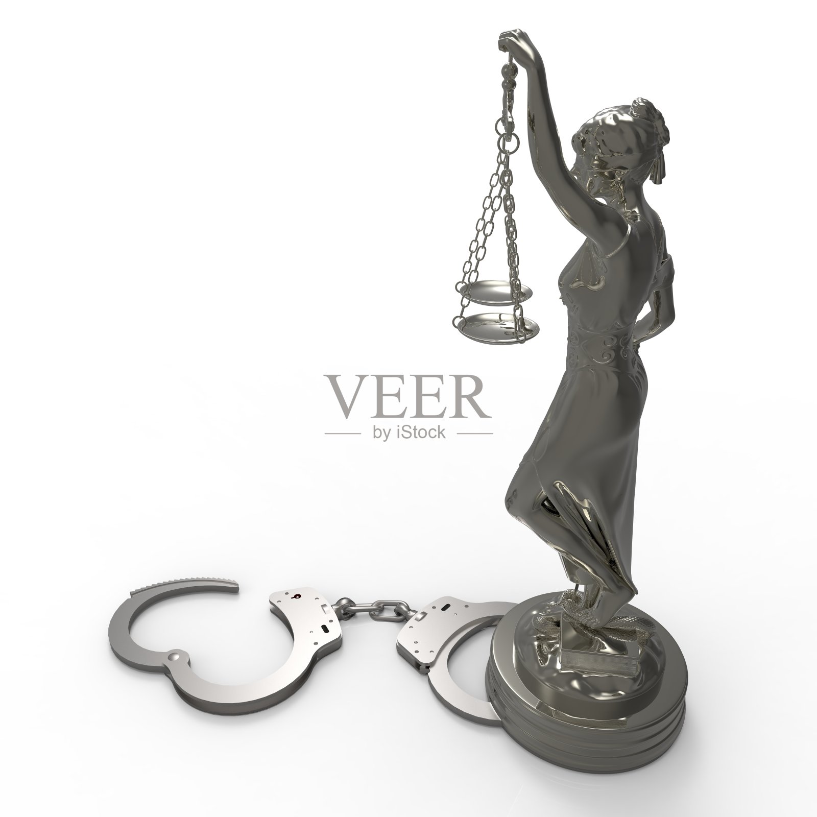正义女神雕像和手铐3d渲染照片摄影图片