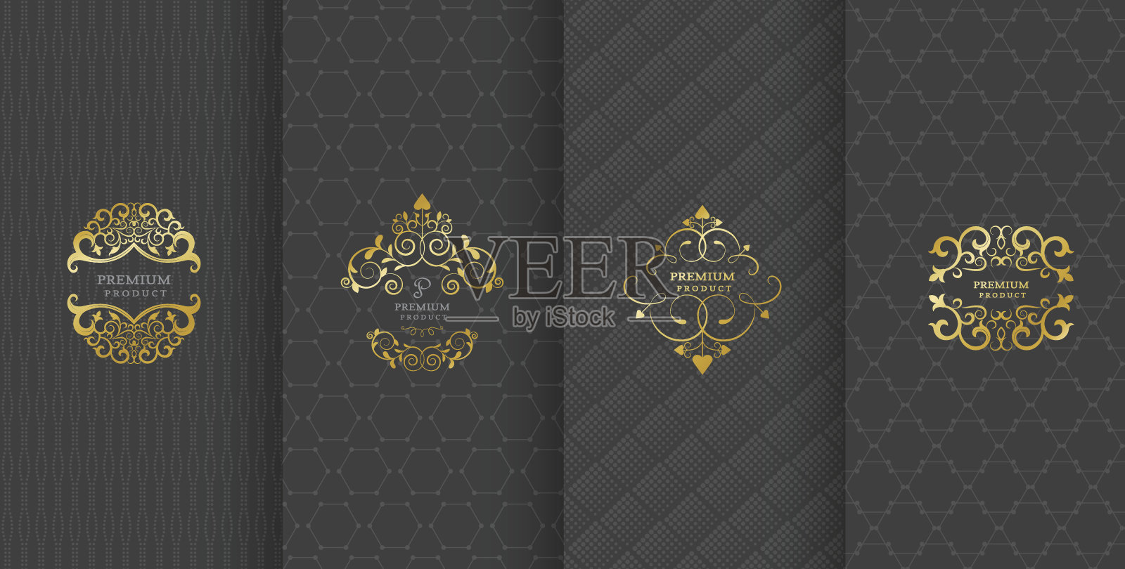 收集设计元素，标签，图标，框架，用于包装，设计的奢侈品。由金箔制成。孤立在黑色背景上。矢量图插画图片素材