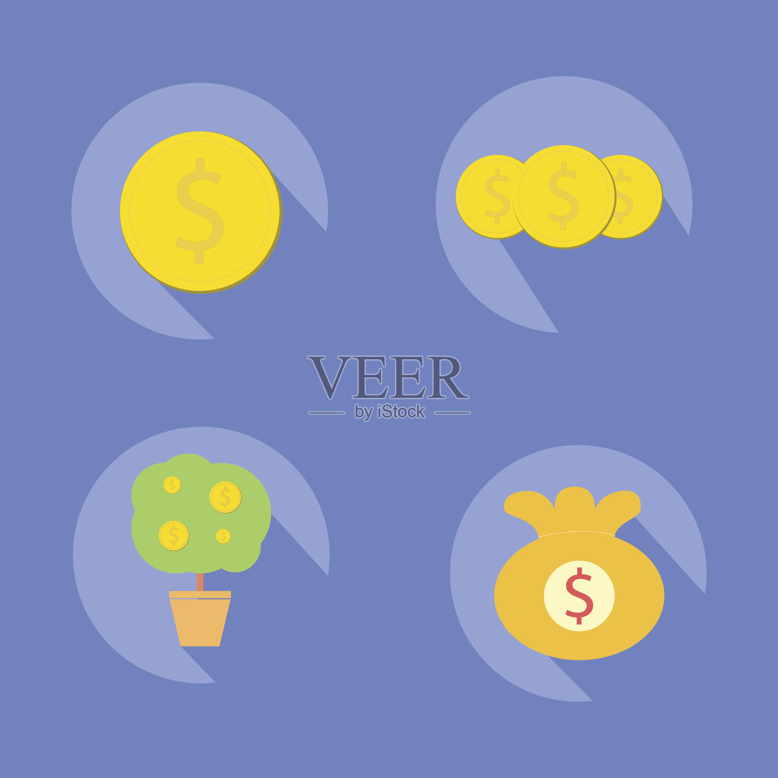 硬币图标与树硬币和袋硬币和和谐的背景插画图片素材