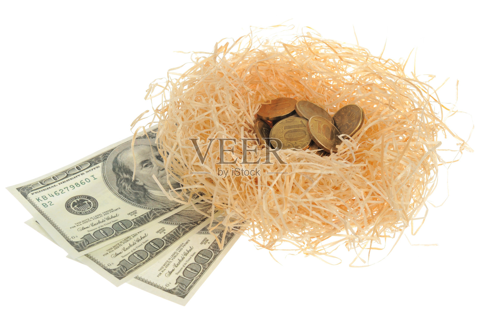 巢与硬币和钞票隔离白色照片摄影图片