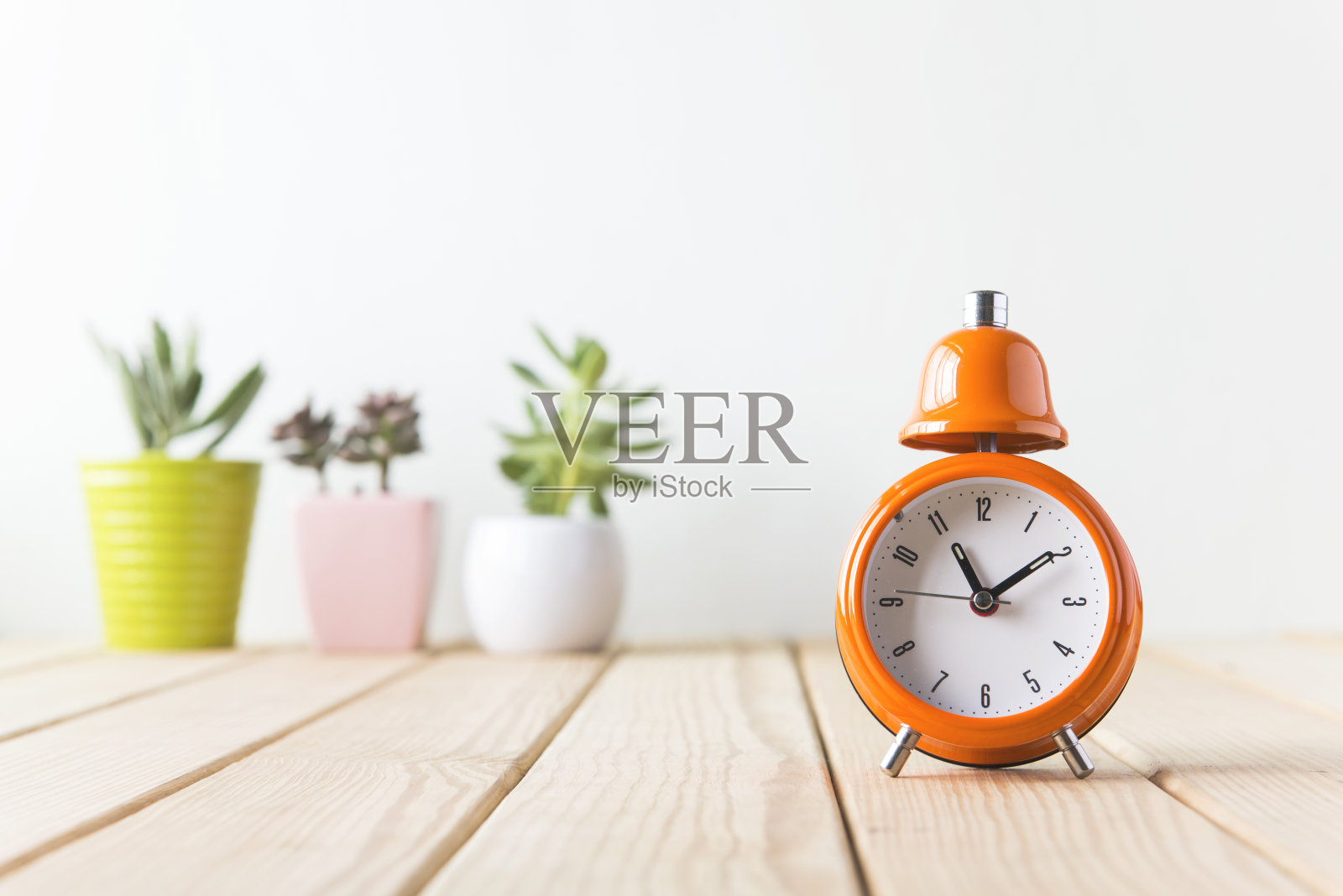 白色的架子上放着植物和闹钟照片摄影图片