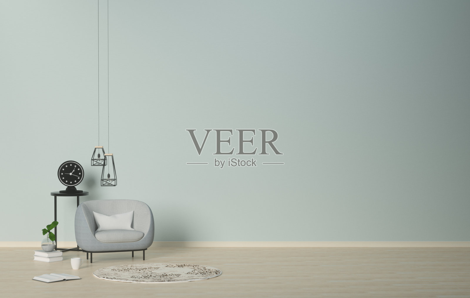 客厅模型，办公室客厅，桌上时钟，书上装饰树，吊灯，客厅扶手椅，3D效果图照片摄影图片