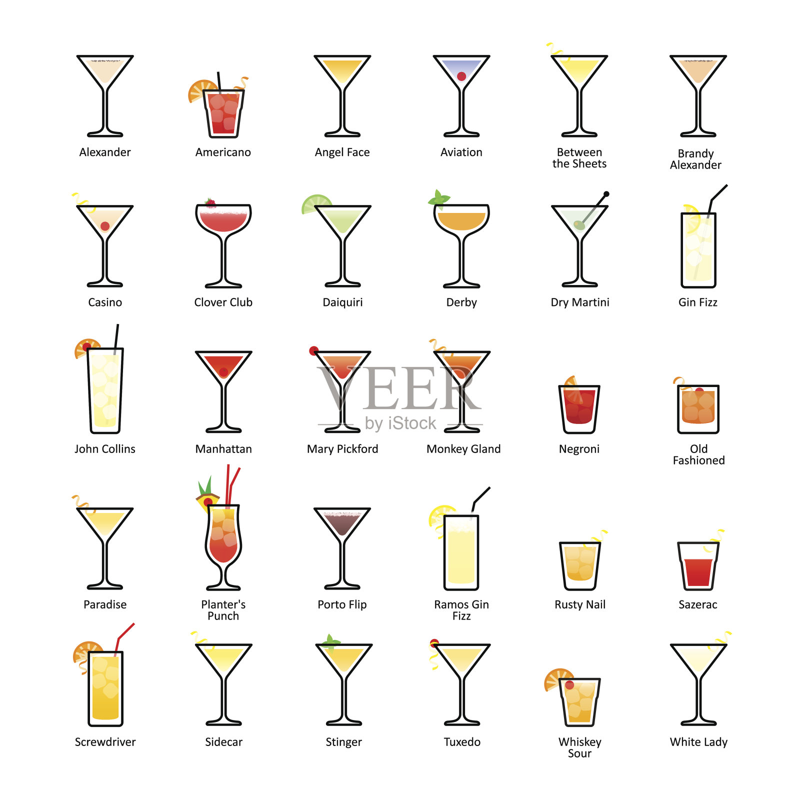 带有标题的酒精鸡尾酒。IBA官方鸡尾酒，难忘插画图片素材