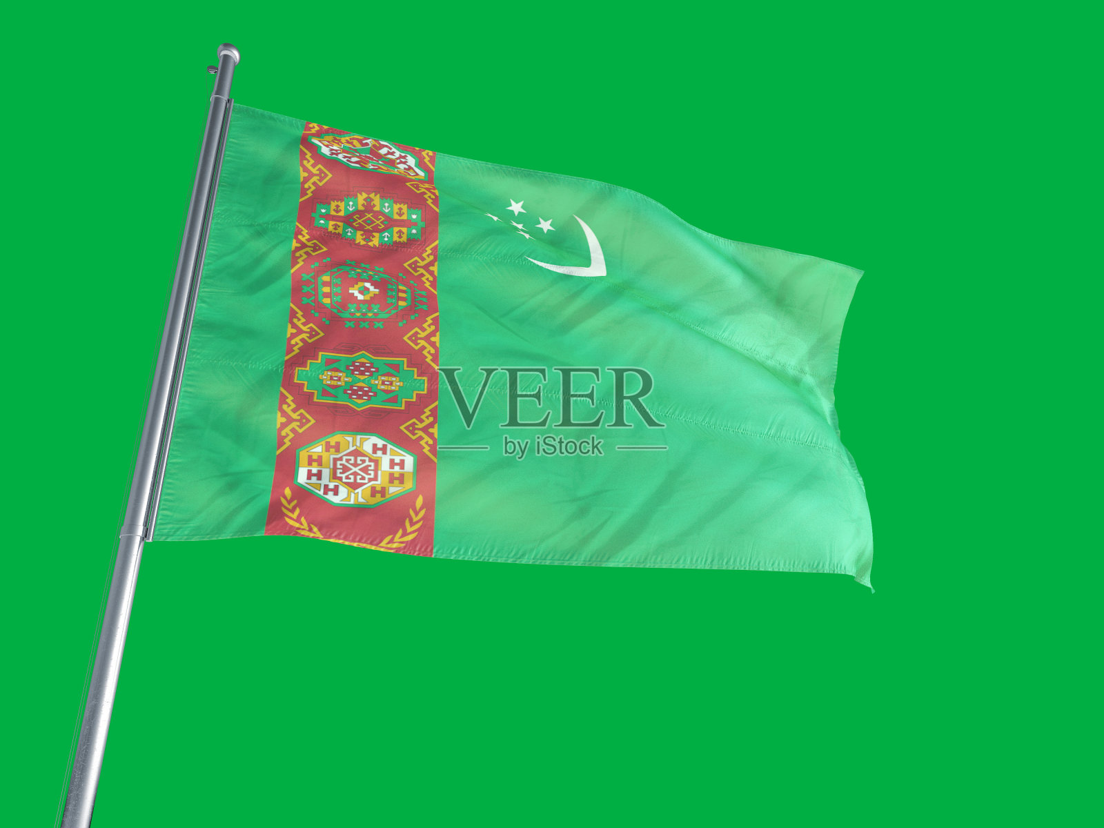 绿色屏幕上的土库曼斯坦国旗照片摄影图片