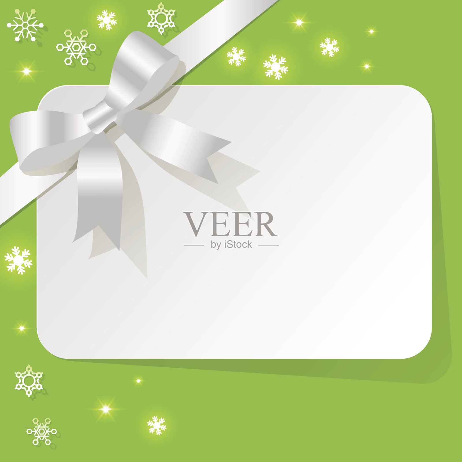 礼品卡与白色丝带在绿色背景的雪花。插画图片素材
