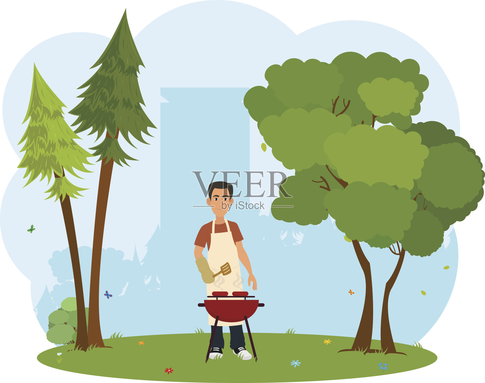 男人烧烤肉类插画图片素材