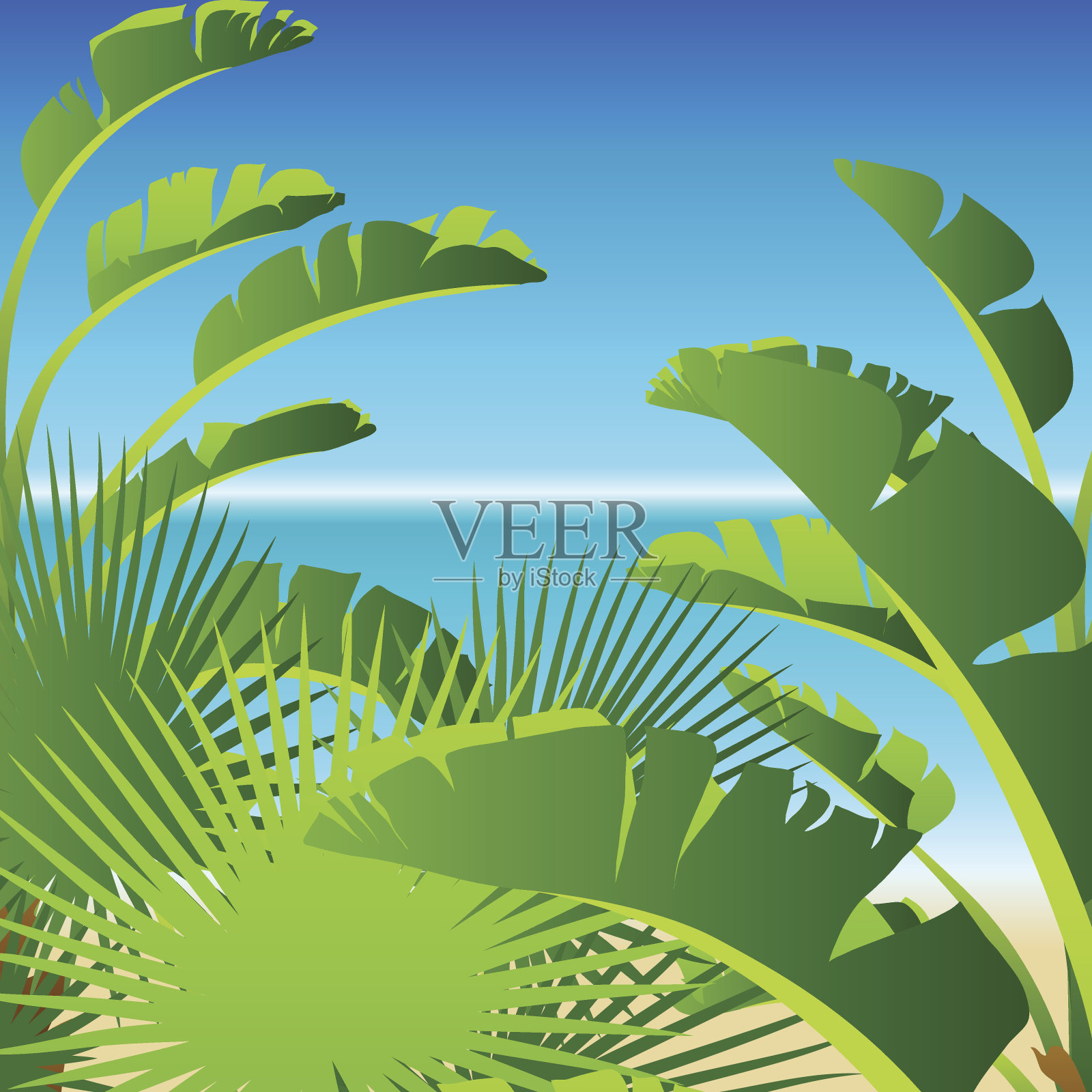 海背景上的热带棕榈树插画图片素材