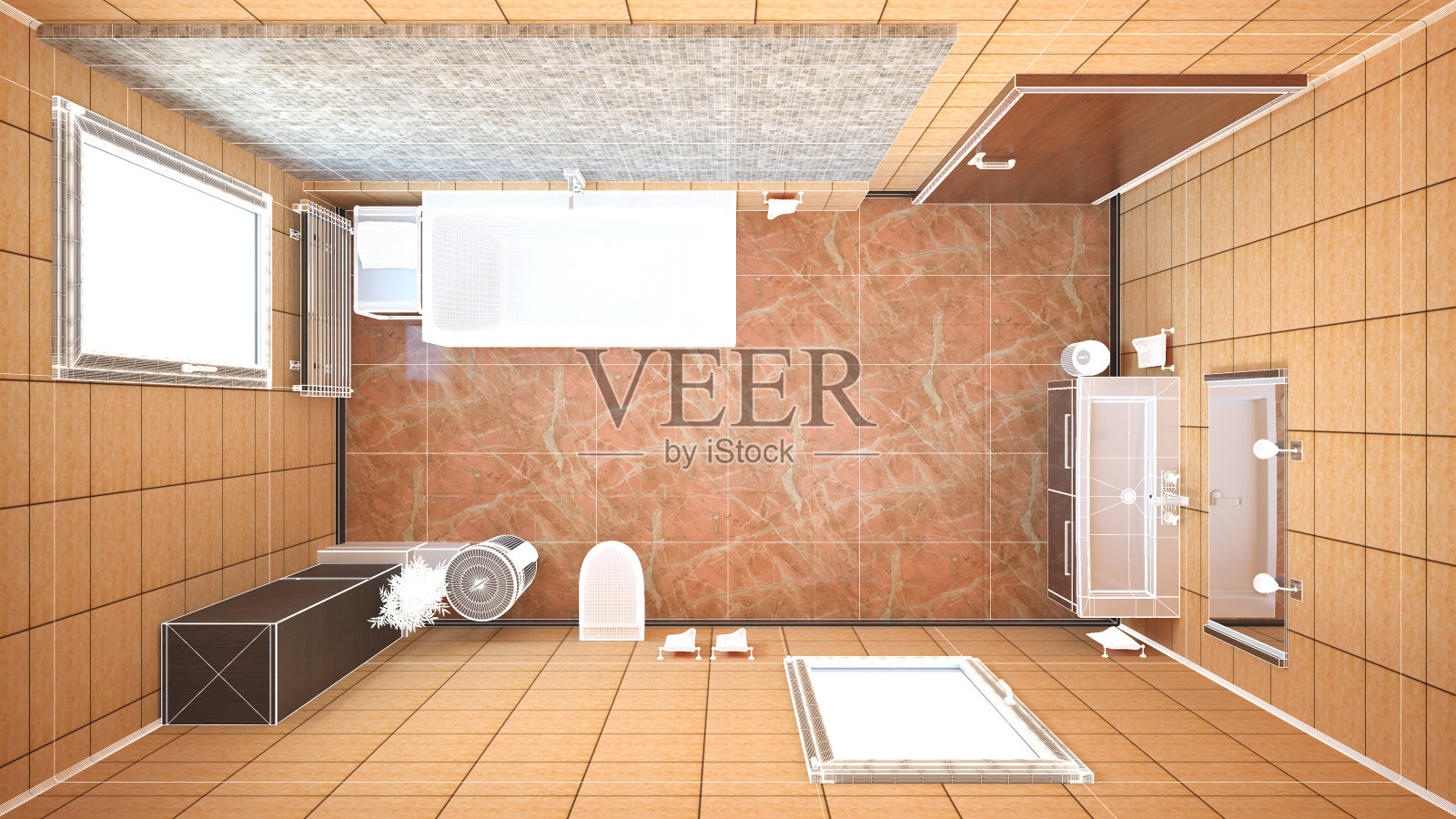 浴室与家具的3D室内渲染照片摄影图片