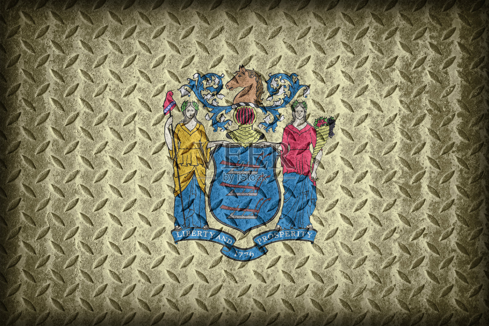 新泽西国旗图案上的钻石金属板纹理，复古照片摄影图片