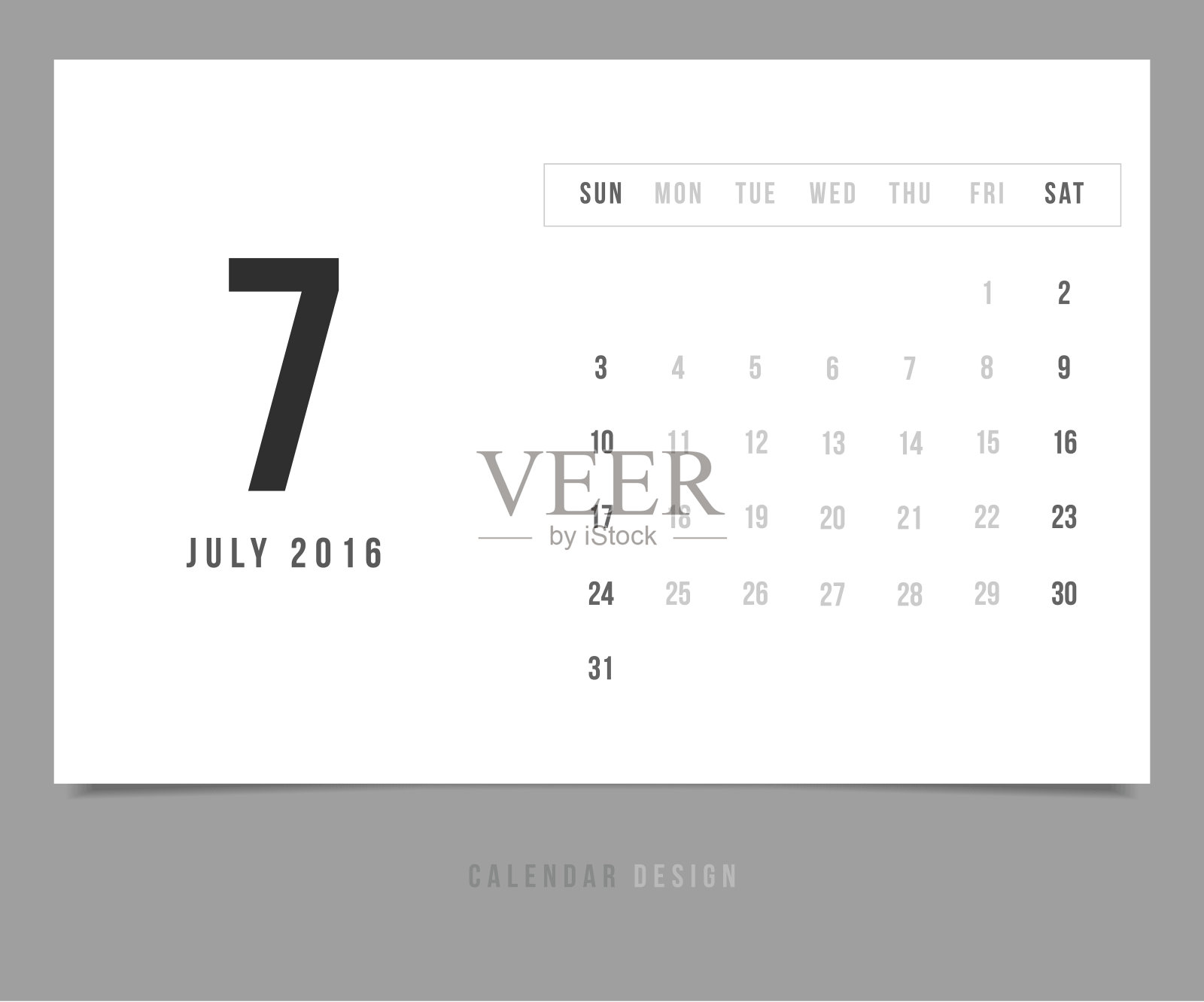 日历2016年7月矢量设计模板-极简主义风格插画图片素材