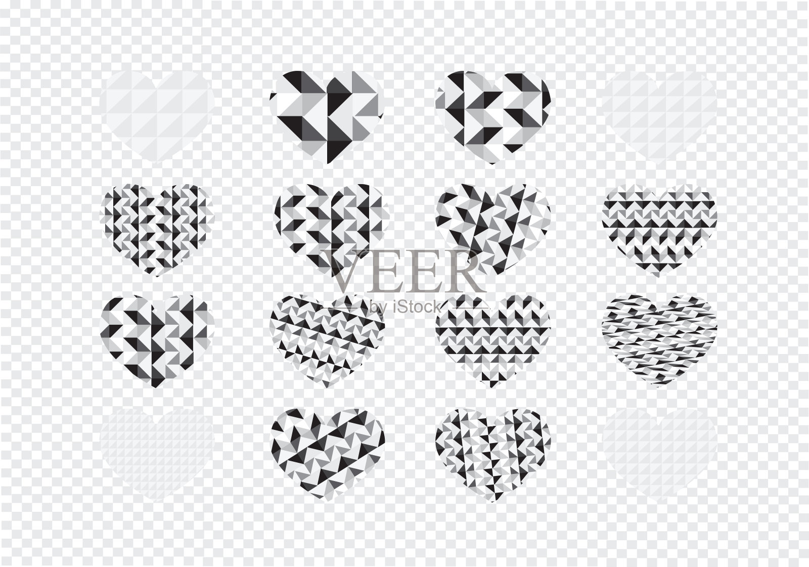 心形抽象图标和标志符号设置在透明的背面照片摄影图片