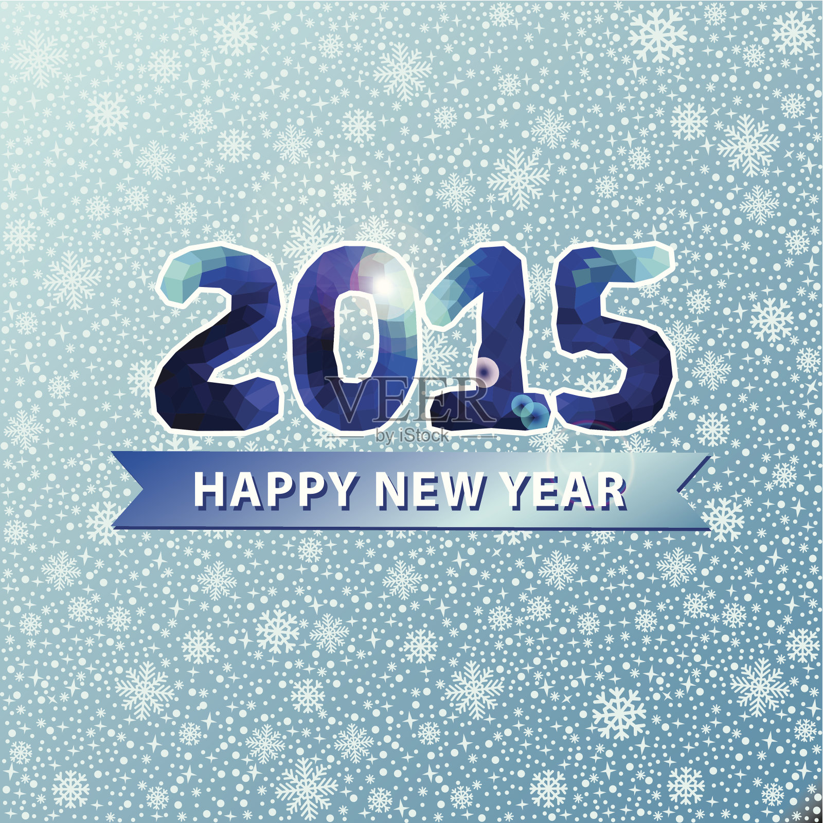 新2015年。蓝色多边形数字上的雪花背景插画图片素材
