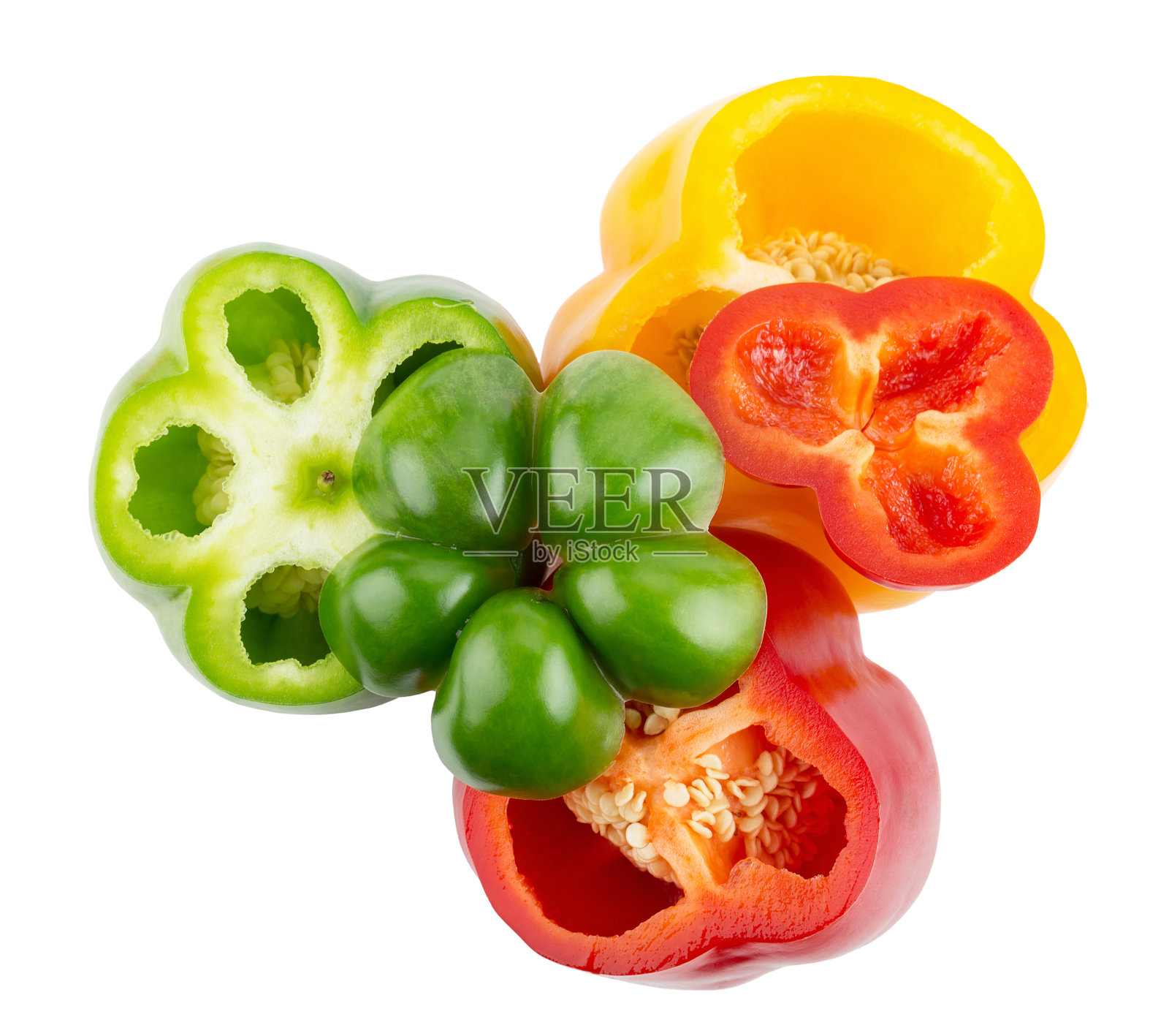 红色、绿色和黄色的辣椒孤立在白色的背景上照片摄影图片