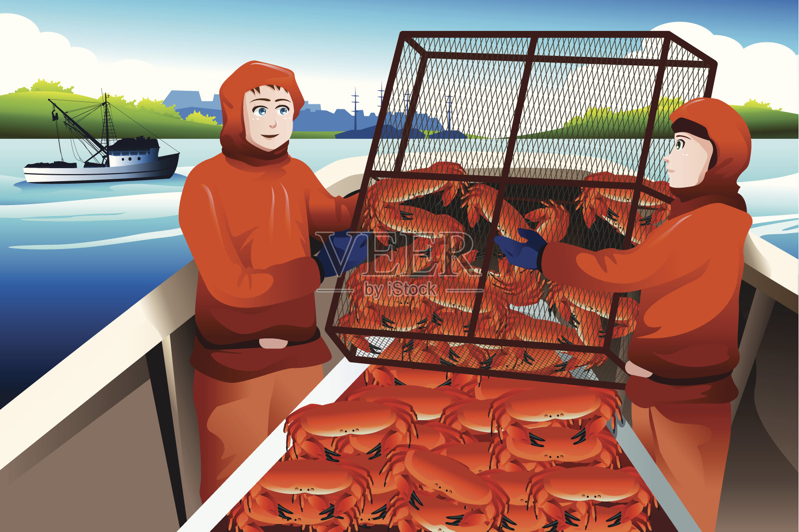 捕蟹渔民在海里捉螃蟹插画图片素材