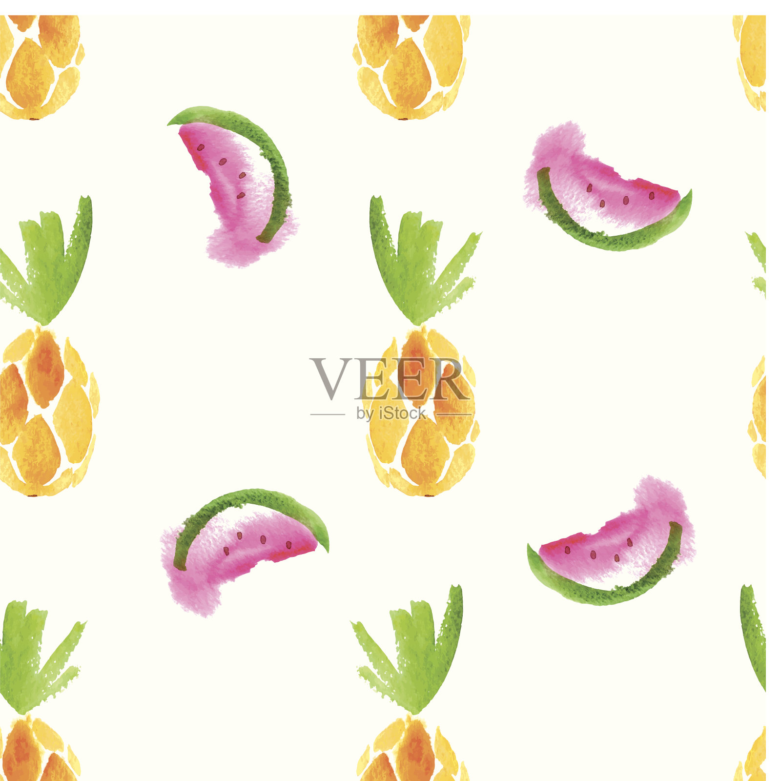 无缝水彩图案的菠萝和西瓜插画图片素材