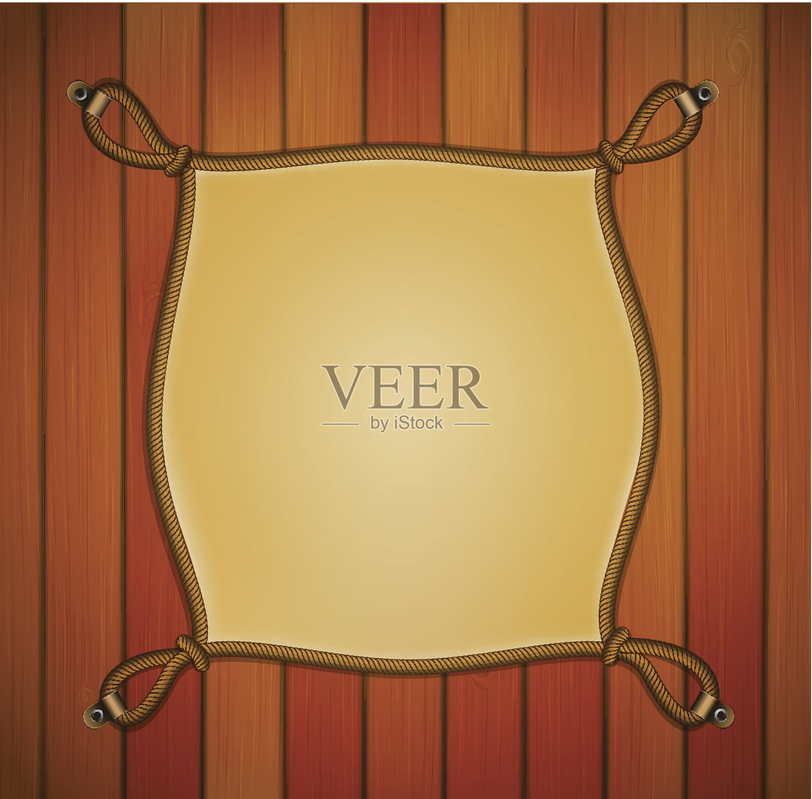 木制背景上有羊皮纸横幅的绳子框架插画图片素材