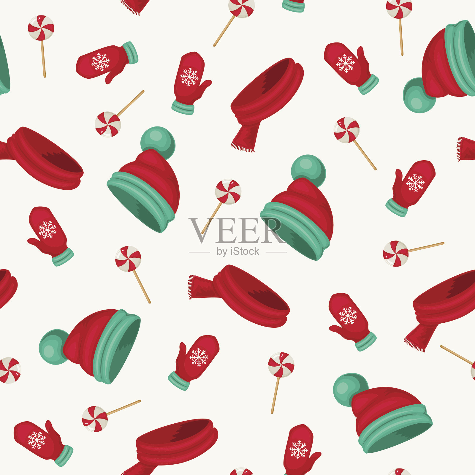 可爱的冬天无缝图案与温暖的衣服和糖果插画图片素材