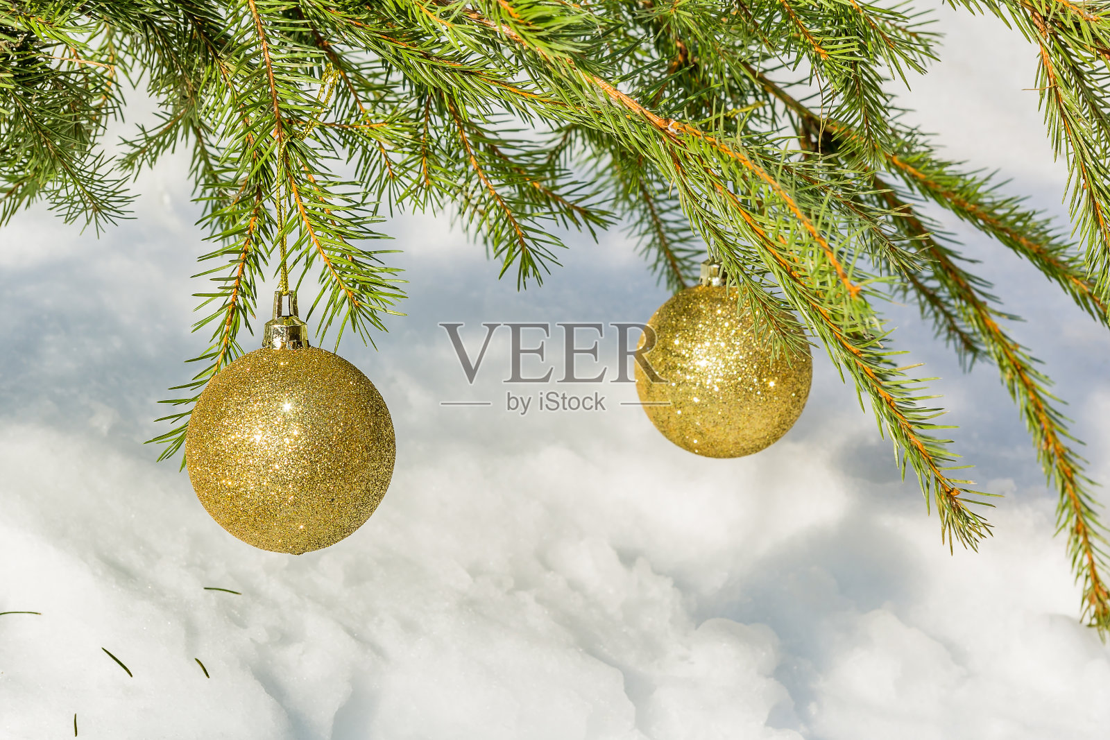 绿色云杉枝上的金色圣诞球照片摄影图片