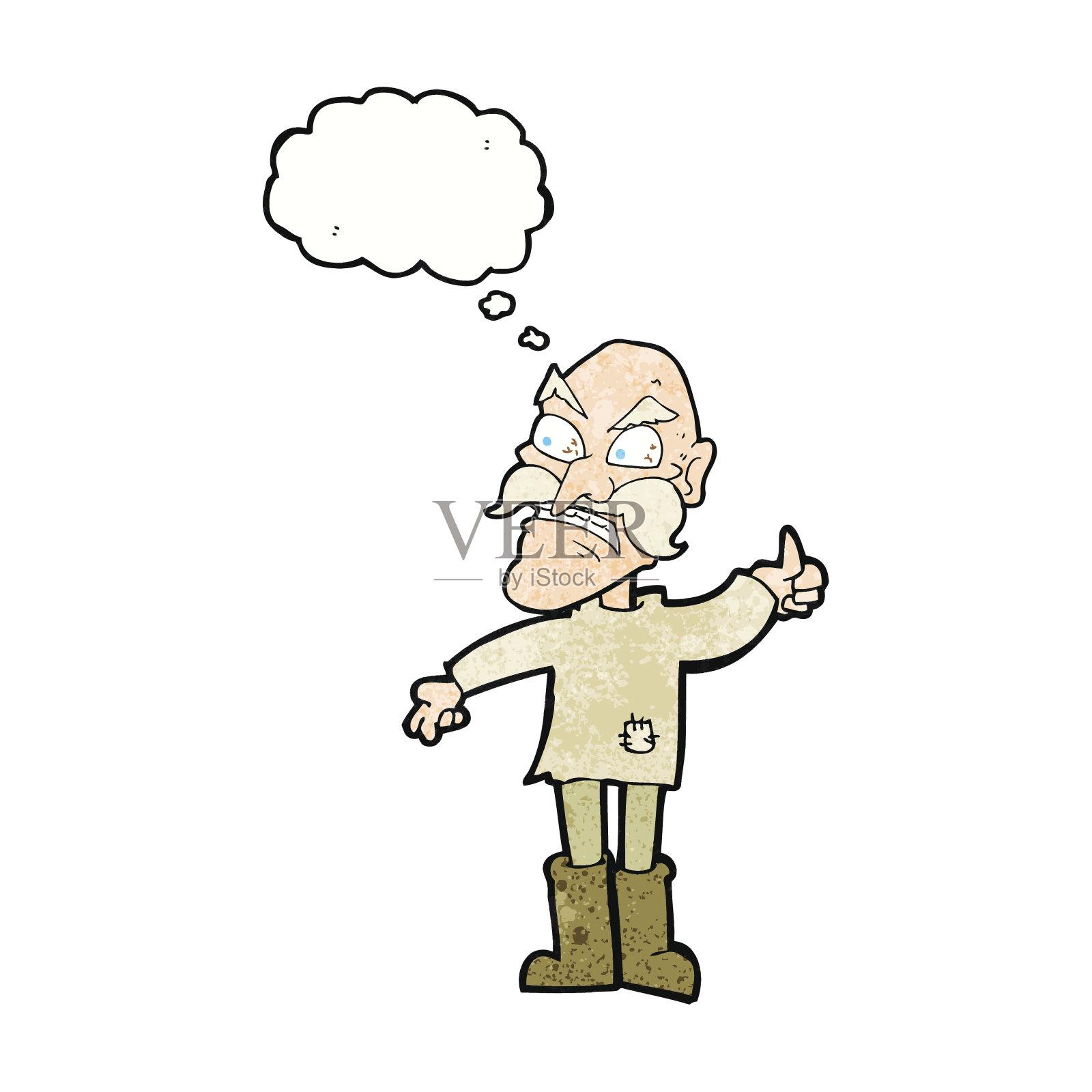 卡通愤怒的老人在打补丁的衣服与讲话气泡设计元素图片