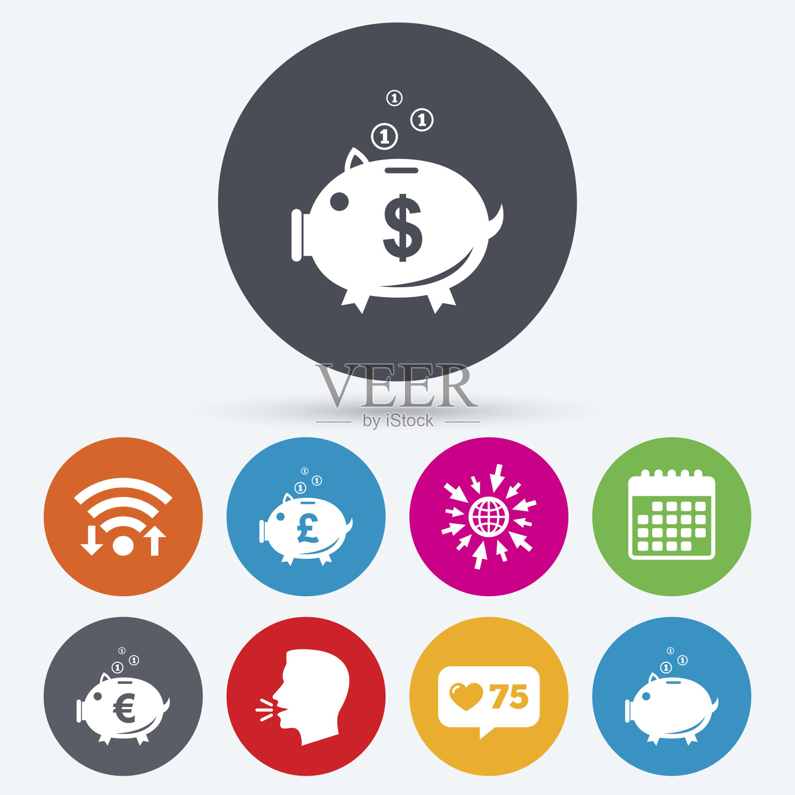 扑满图标。美元，欧元，英镑保险箱。图标素材