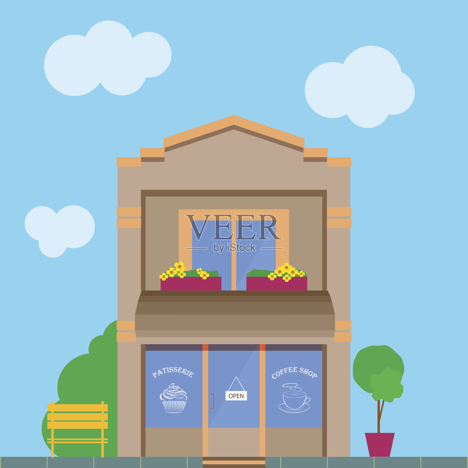 详细的向量老城建筑与咖啡店店面插画图片素材