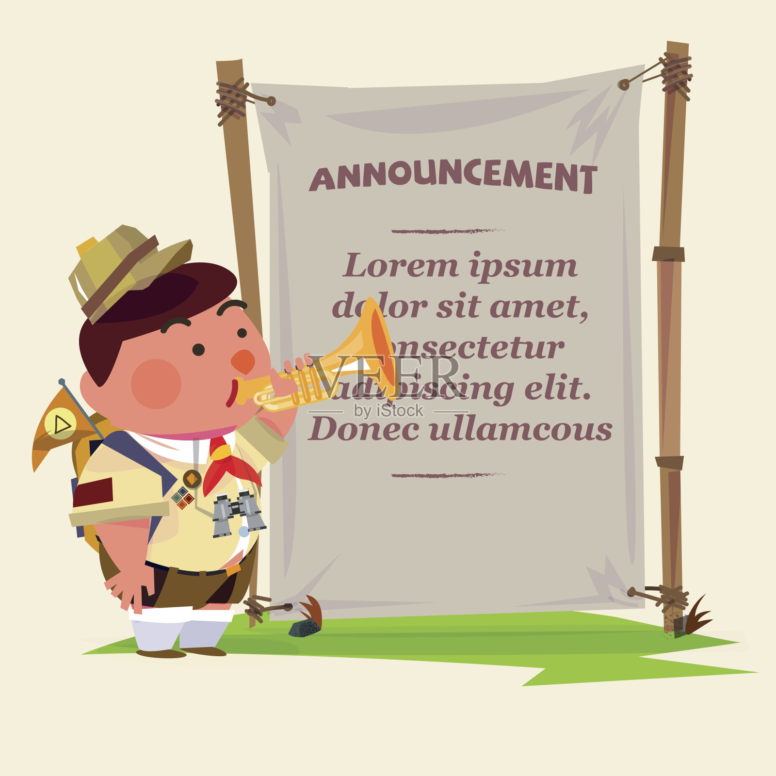 可爱的小号手。童子军角色吹着小号来宣布插画图片素材