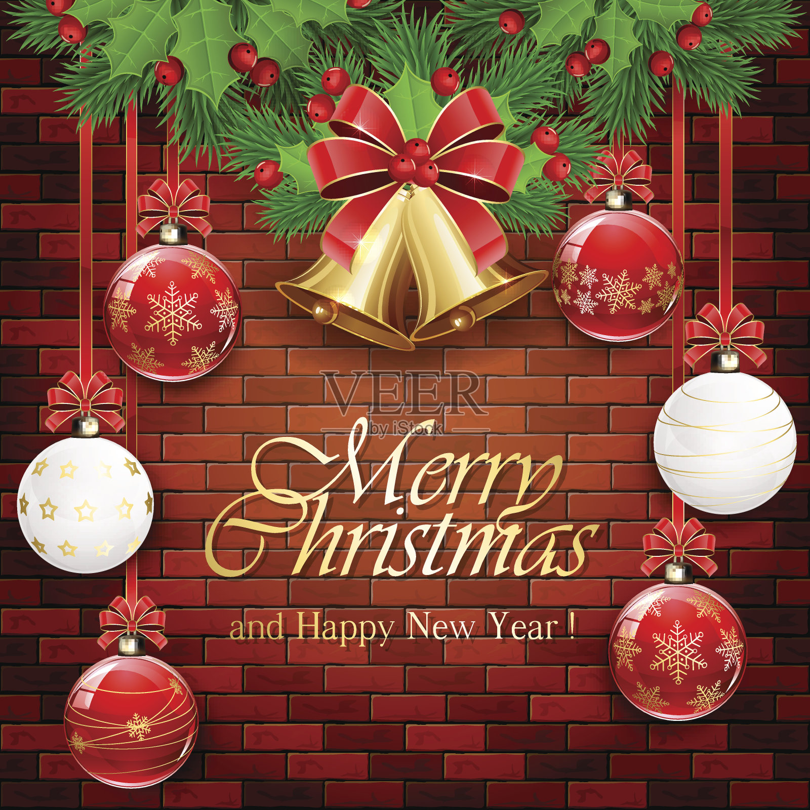 砖墙上挂着圣诞球和金铃设计模板素材