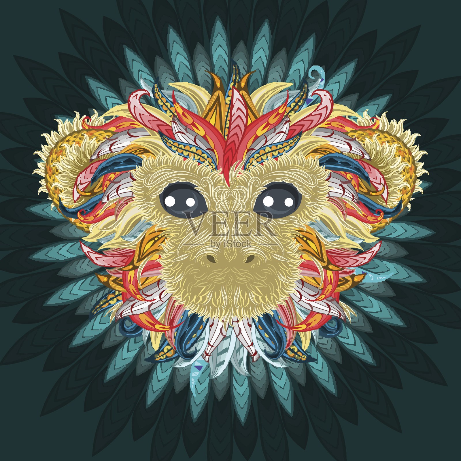 纹身设计颜色的猴子头插画图片素材