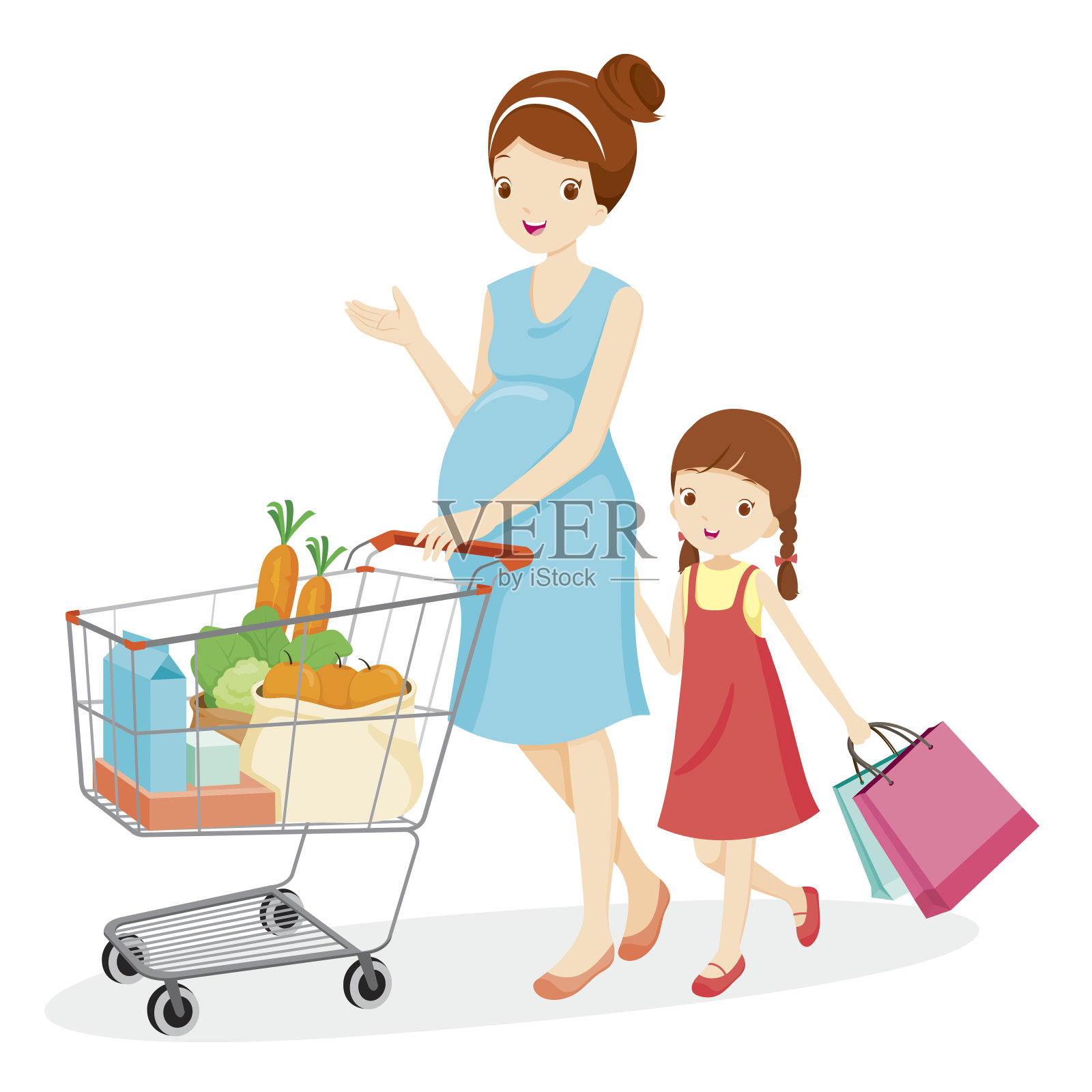 怀孕的妈妈和女儿一起购物插画图片素材