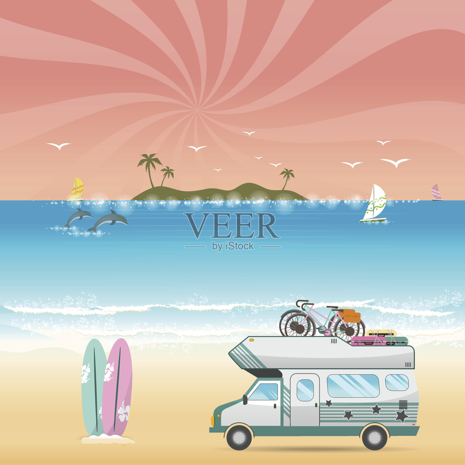 夏季海滩露营岛屿景观与大篷车露营者插画图片素材