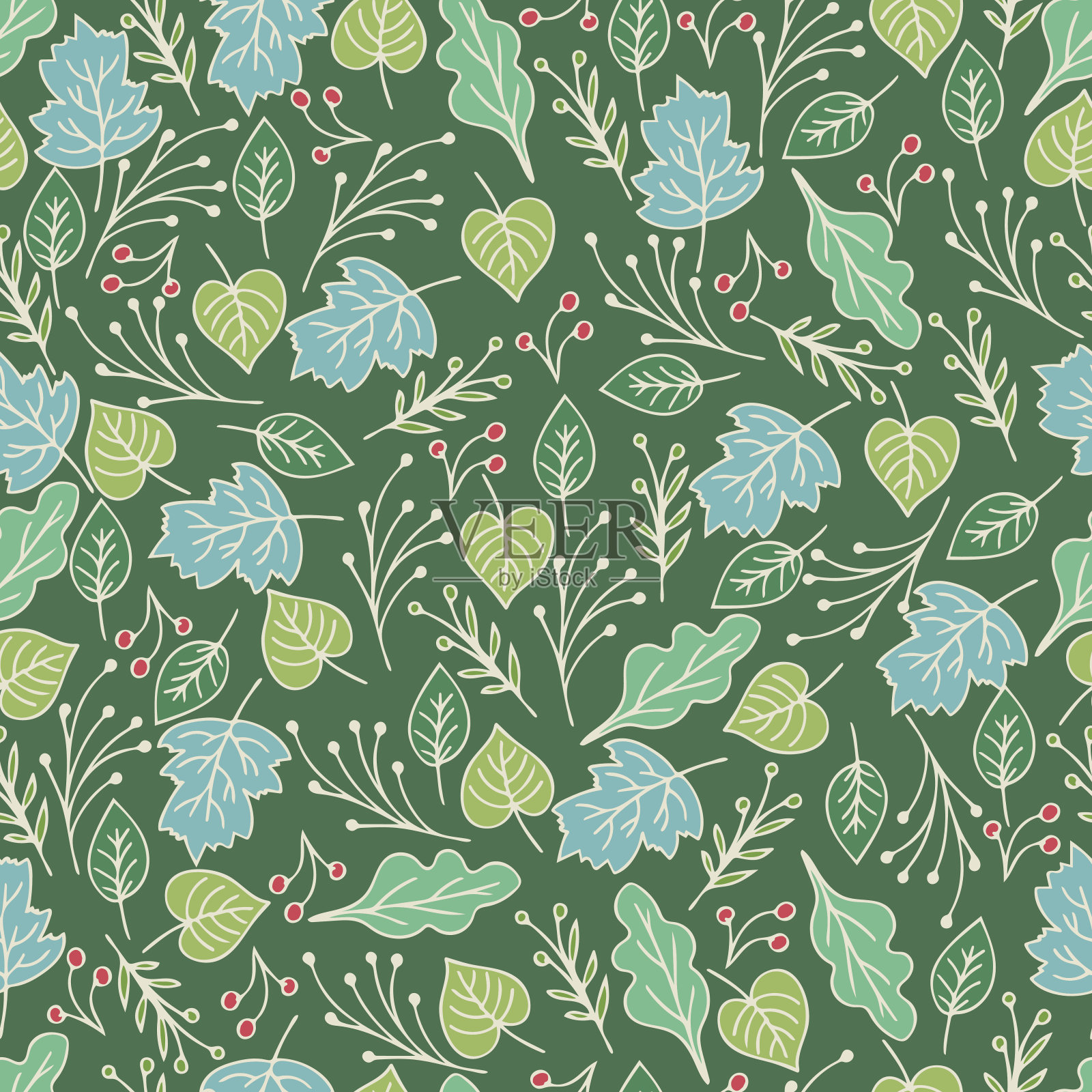 手绘花卉无缝图案与花和叶插画图片素材