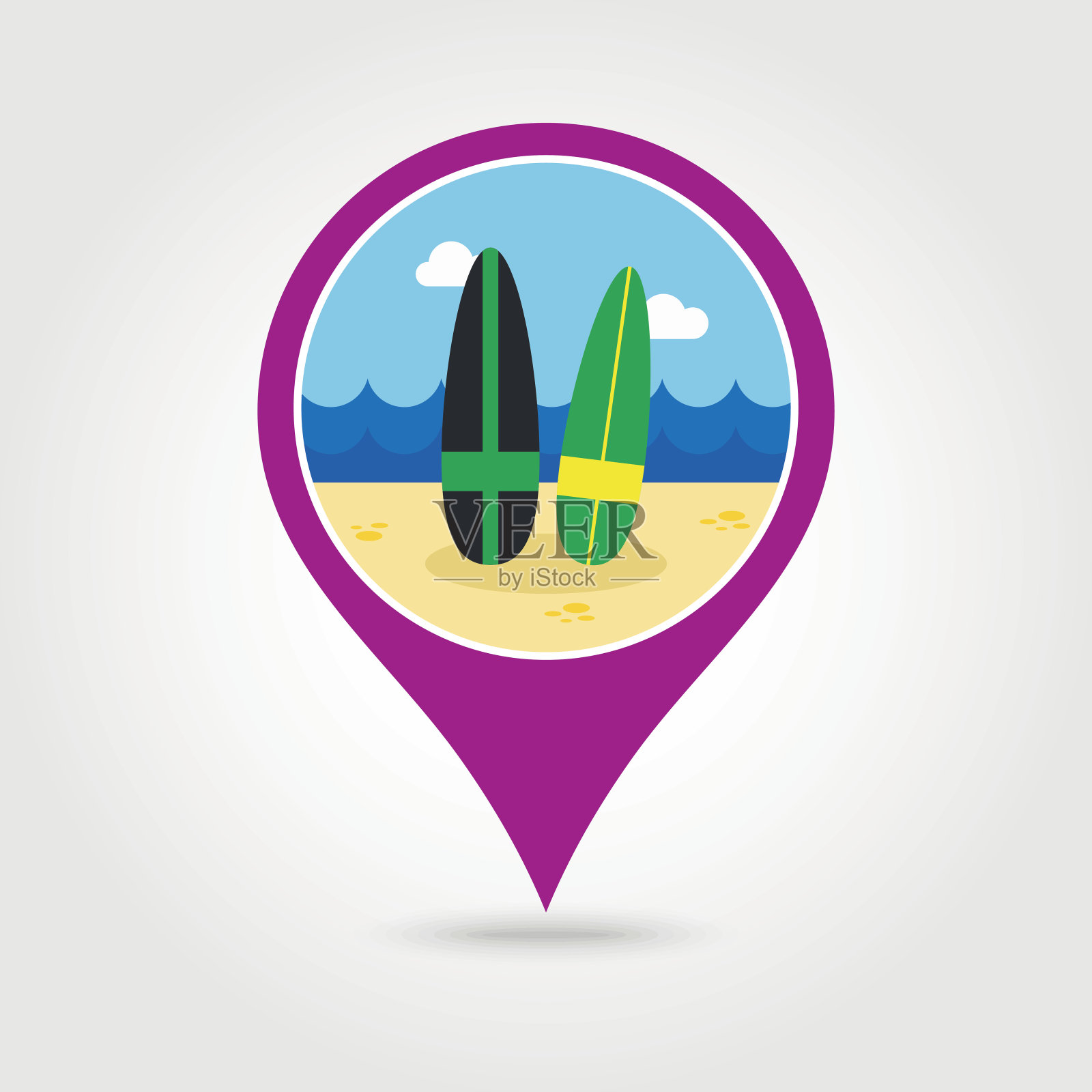 冲浪板引脚地图图标。夏天。假期插画图片素材