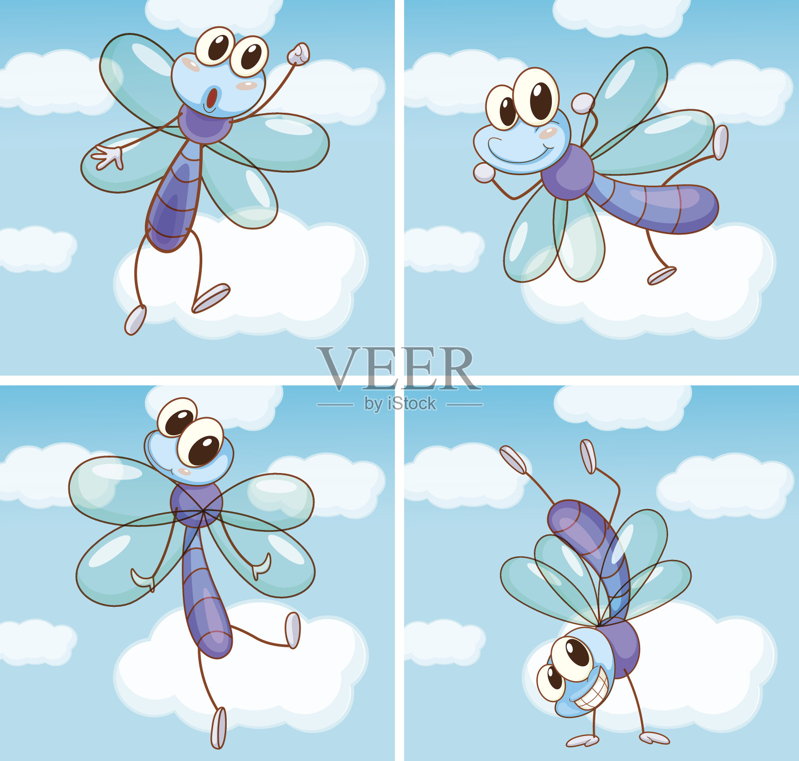四个蜻蜓在天空中飞行的场景插画图片素材