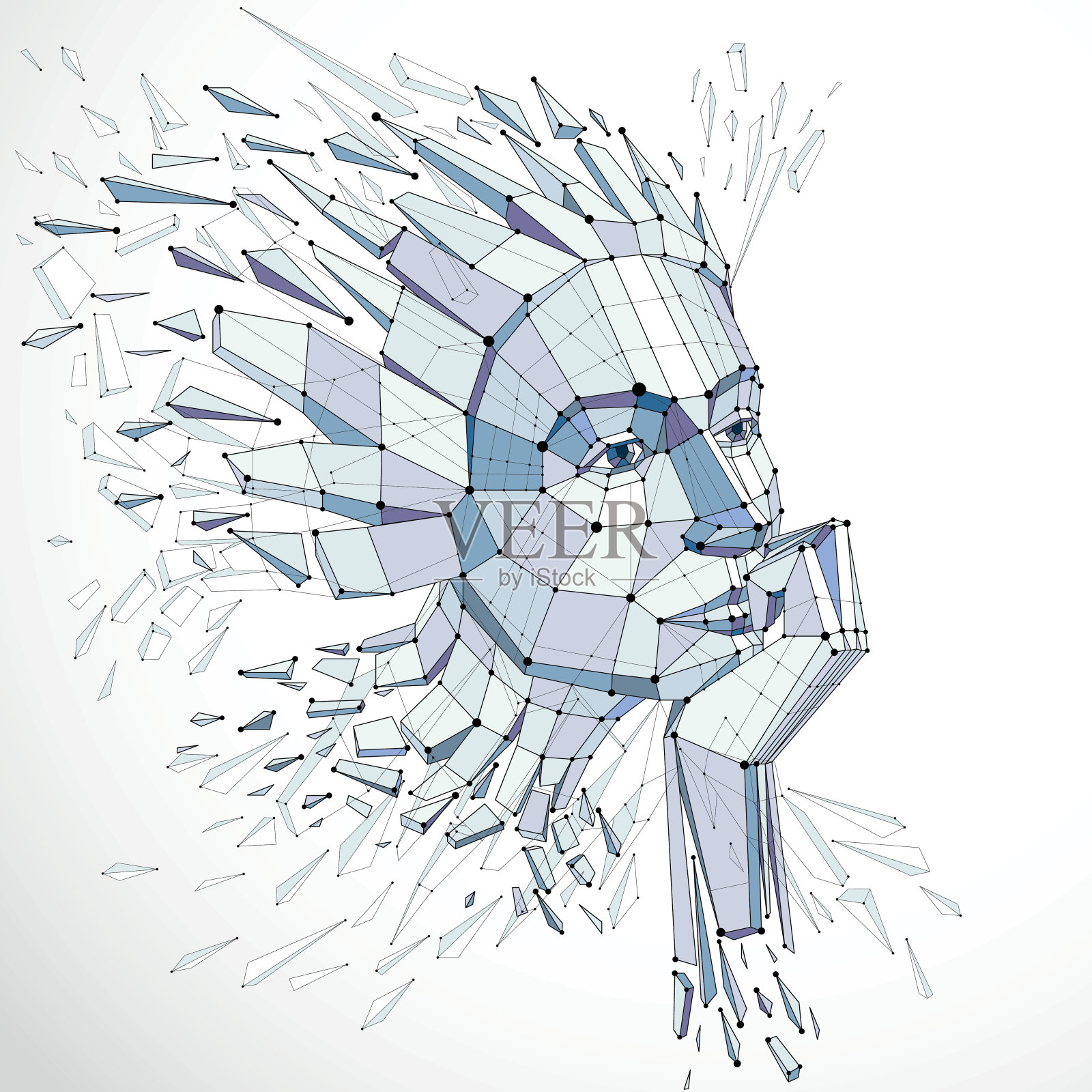 聪明的人和头脑的概念，人的头爆炸和打破成多个骨折。有思想的女人脸的3d矢量插图创建在低多边形现代化风格和线条网格。插画图片素材