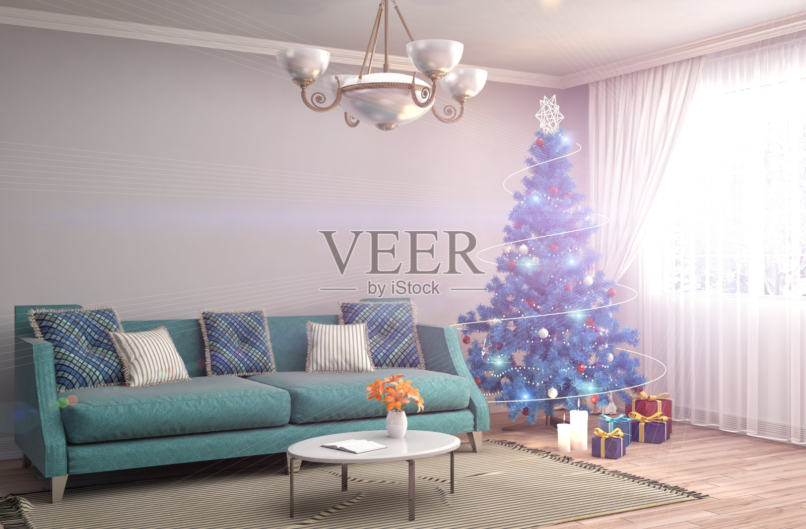 客厅里装饰的圣诞树。三维演示照片摄影图片