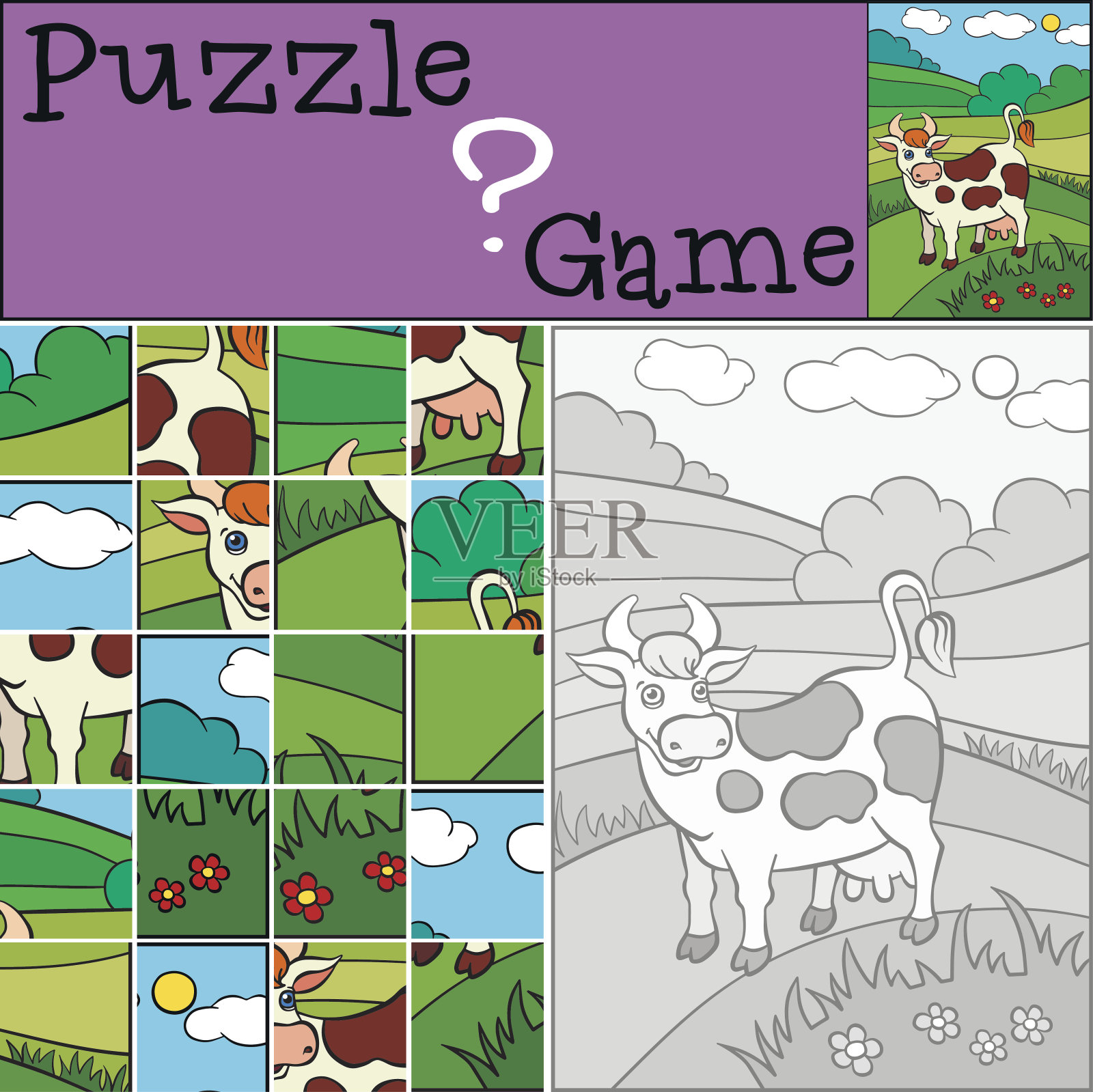 儿童游戏:拼图。可爱的斑点牛插画图片素材