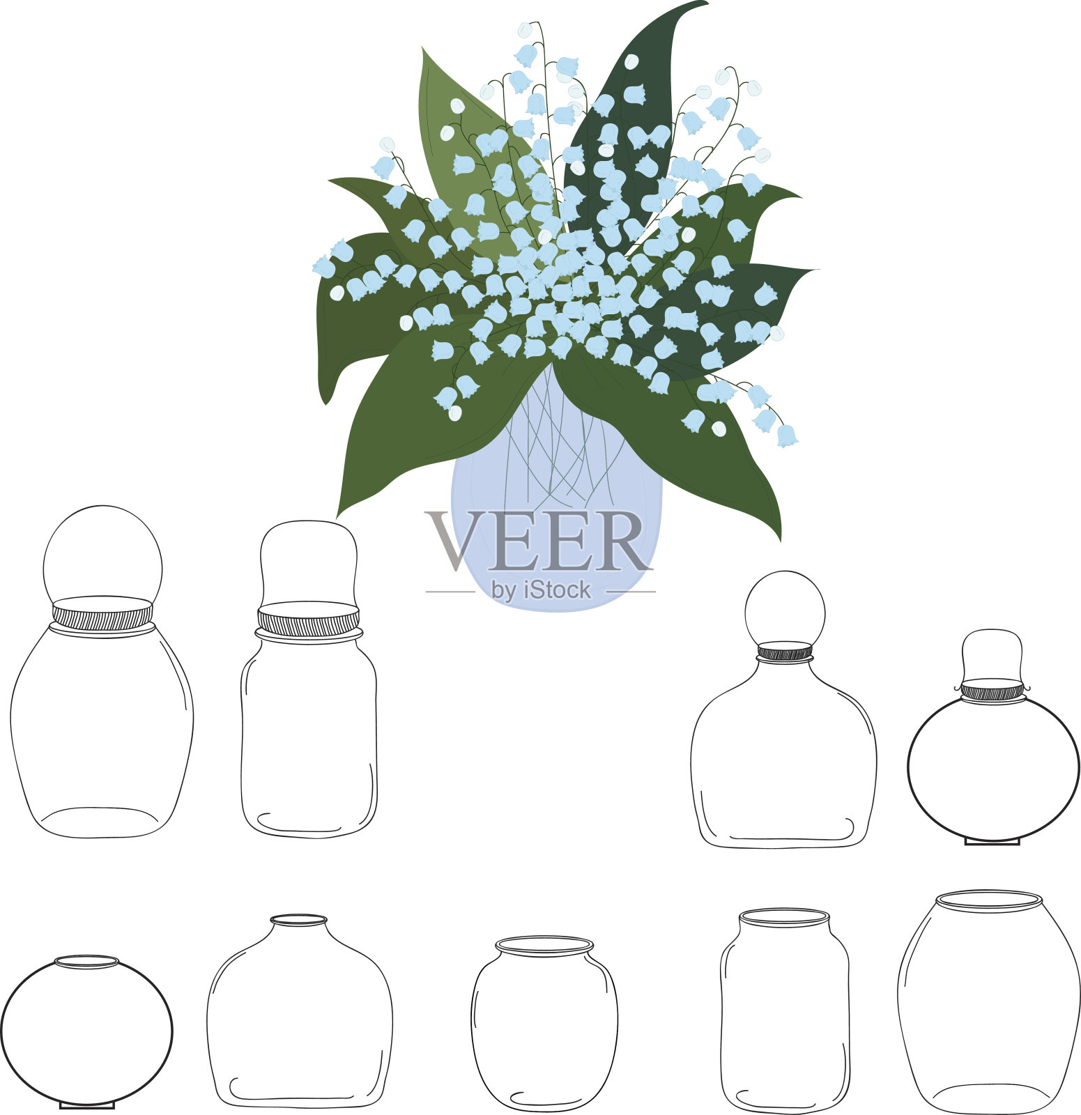 瓶瓶罐罐，百合花束山谷，矢量插画图片素材