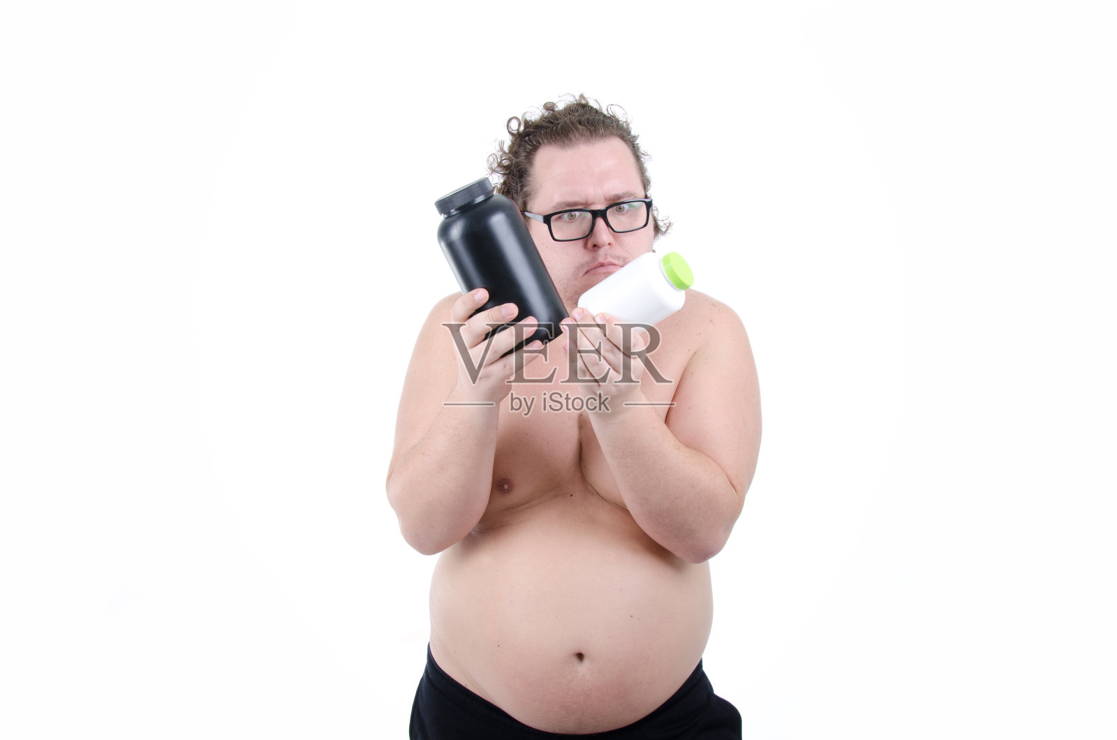 有趣的胖子和运动营养。照片摄影图片